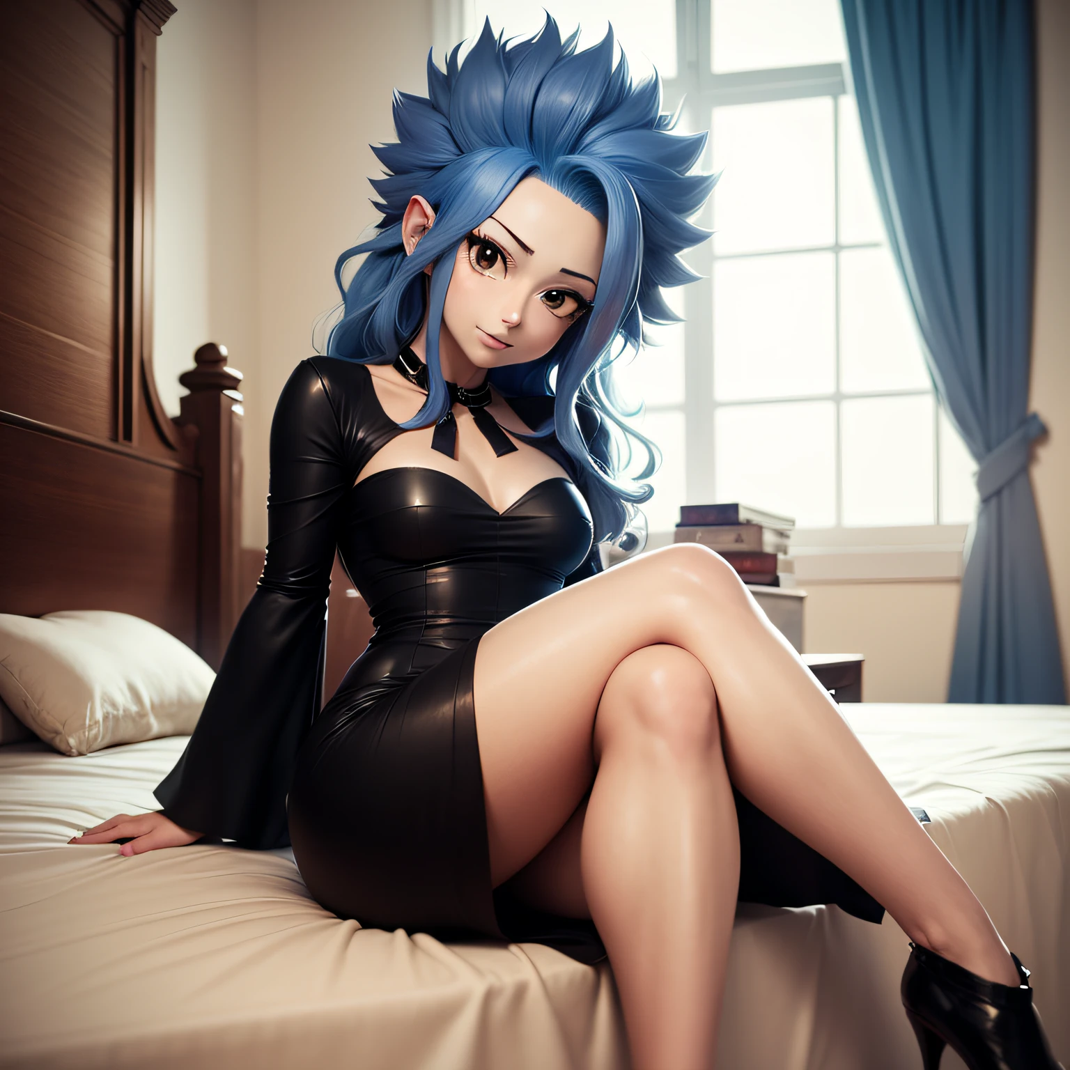 masterpiece, absurdities, levy\(fairy tail\), 1girl,female mature, solo, black dress, skirt, looking at viewer, caustics, sitting, legs crossed, bed, window