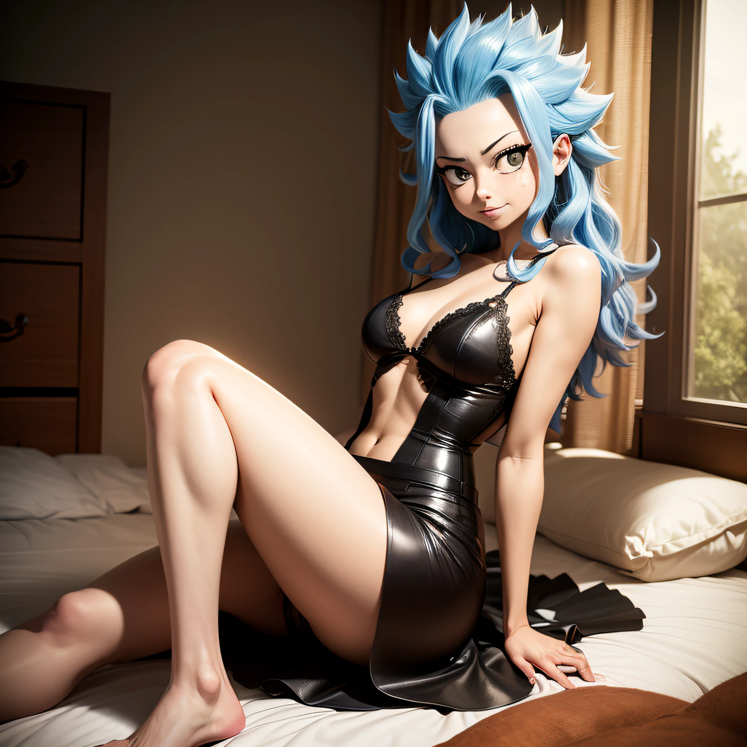 masterpiece, absurdities, levy\(fairy tail\), 1girl,female mature, solo, black dress, skirt, looking at viewer, caustics, sitting, legs crossed, bed, window