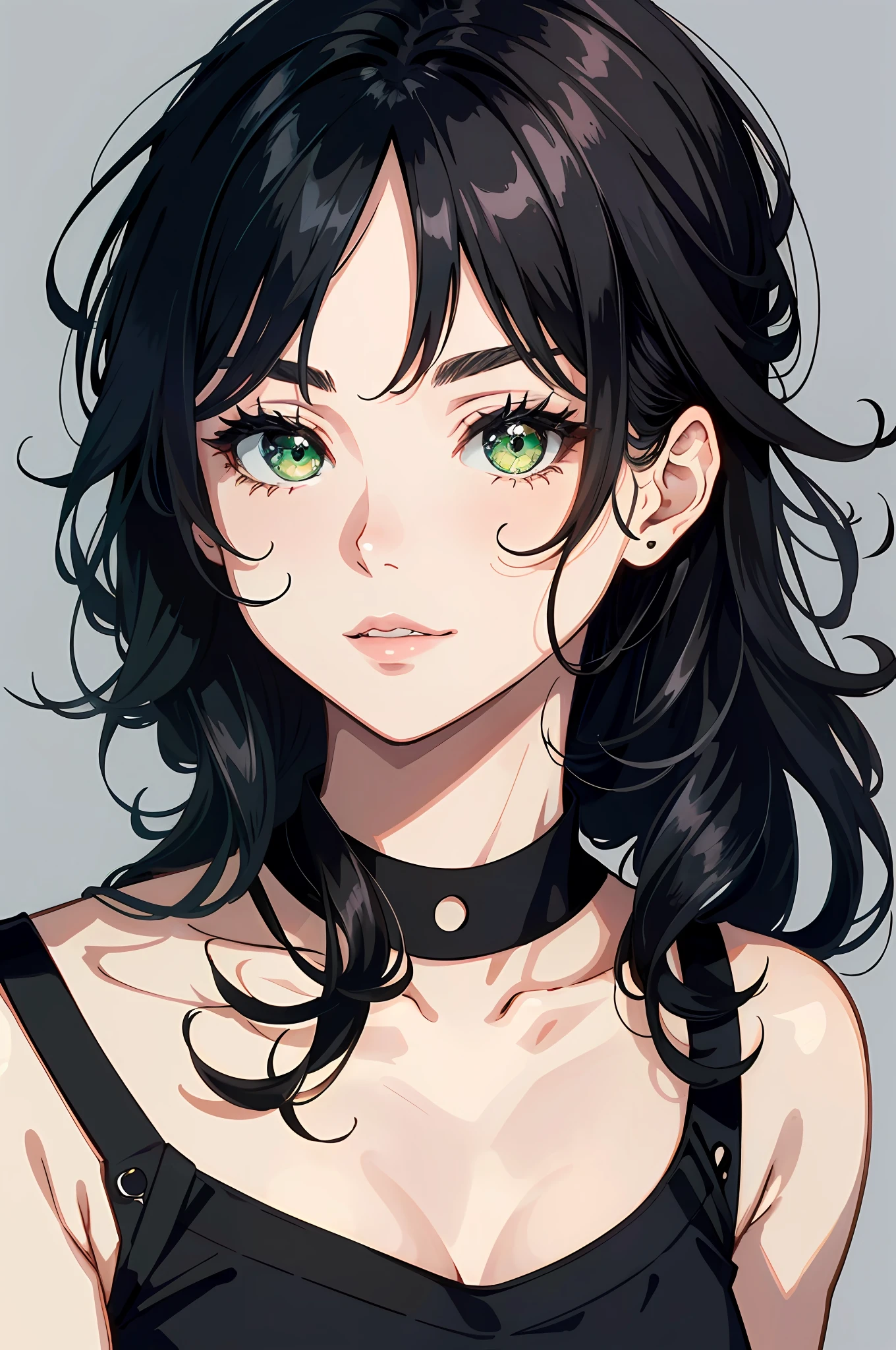 (highly quality, Masterpiece, absurdres), Portrait of a Young Woman, black  hair, Wavy Hair, length hair, narrow eyebrows, beatiful face, Green eyes, slight smile, long dark eyelashes, plump beautiful lips, female focus, Casual clothing, Detailed Face, Simple background,