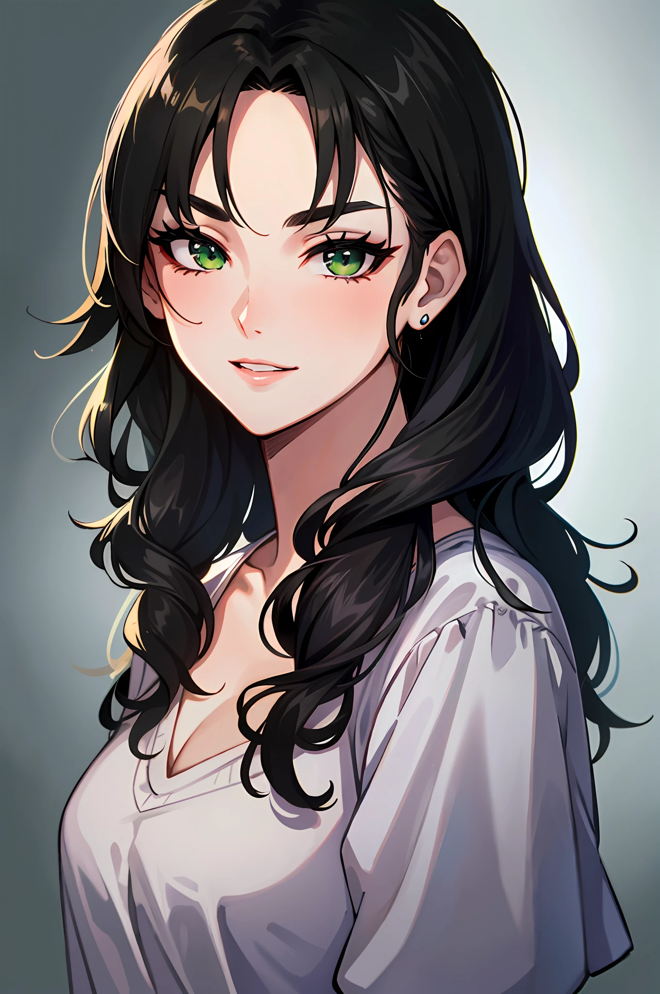 (highly quality, Masterpiece, absurdres), Portrait of a Young Woman, black hair, Wavy Hair, length hair, narrow eyebrows, beatiful face, Green eyes, slight smile, long dark eyelashes, plump beautiful lips, female focus, Casual clothing, Detailed Face, Simple background,