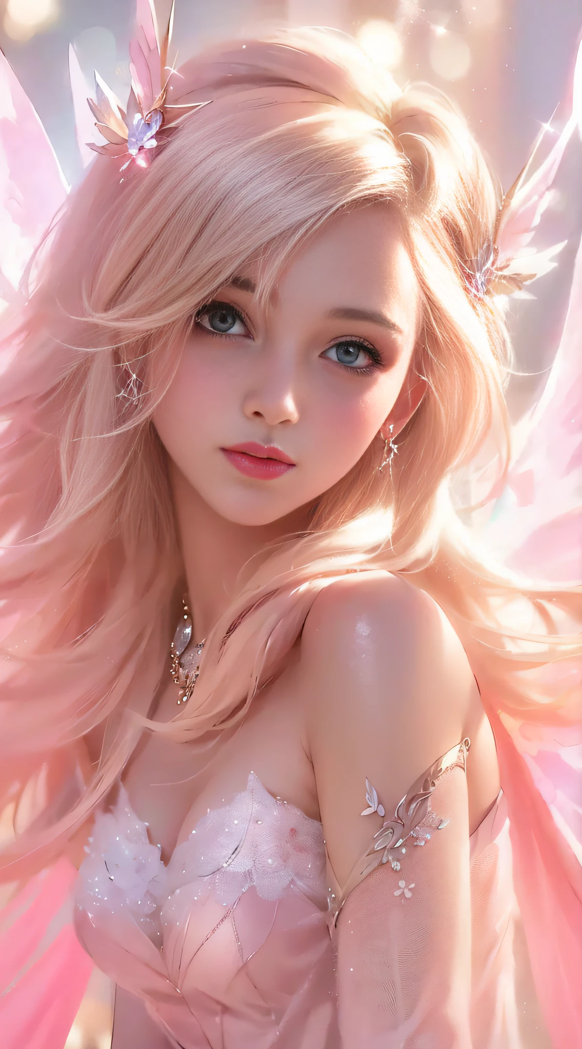 a close up of a woman with pink hair and a pink dress, Beautiful fairy, digital fantasy art ), Fantasy art style, beautiful fantasy art, portrait of a fairy, Ross Tran 8 K, of an beautiful angel girl, Guviz, ross tran and artgerm, beautiful fairie, portrait of fairy, beautiful fantasy art portrait, beautiful fantasy anime