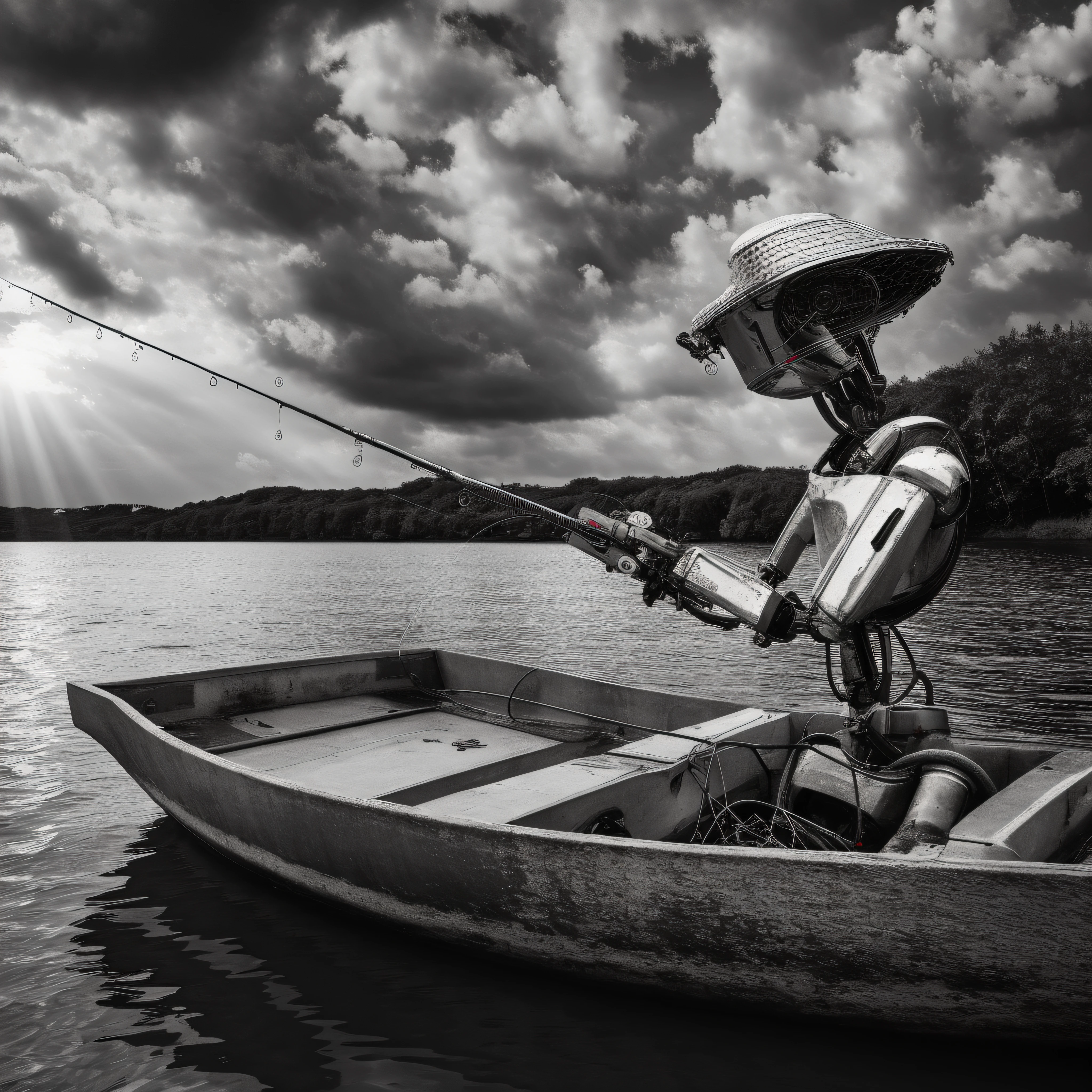 Arafed Robot Fishing em um barco em um lago, the robot has a fishing rod, robot photography, cena surreal, Pescador, Directed by: Grzegorz Domaradzki, Arte digital surrealista, Directed by: Zoltan Boros, pirate robot, Fotografia em destaque de hoje, Arte digital escura, mas detalhada, em um barco em um lago, arte digital surreal