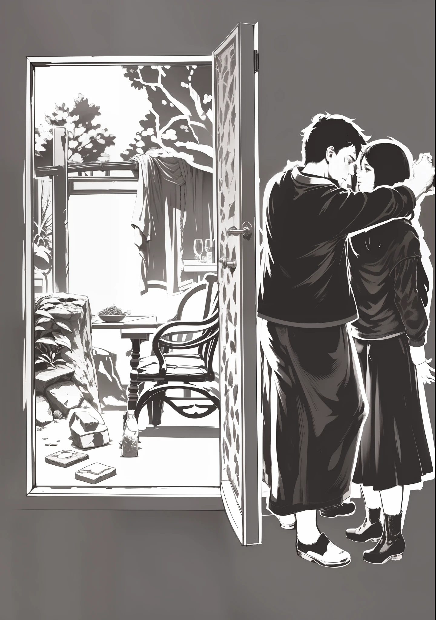 Behind the door is a man pressing a woman，The man's hand rests on the wall，The body surrounds the woman，Outside the door were chairs, wine bottles and stones，the trees，Ground tofu