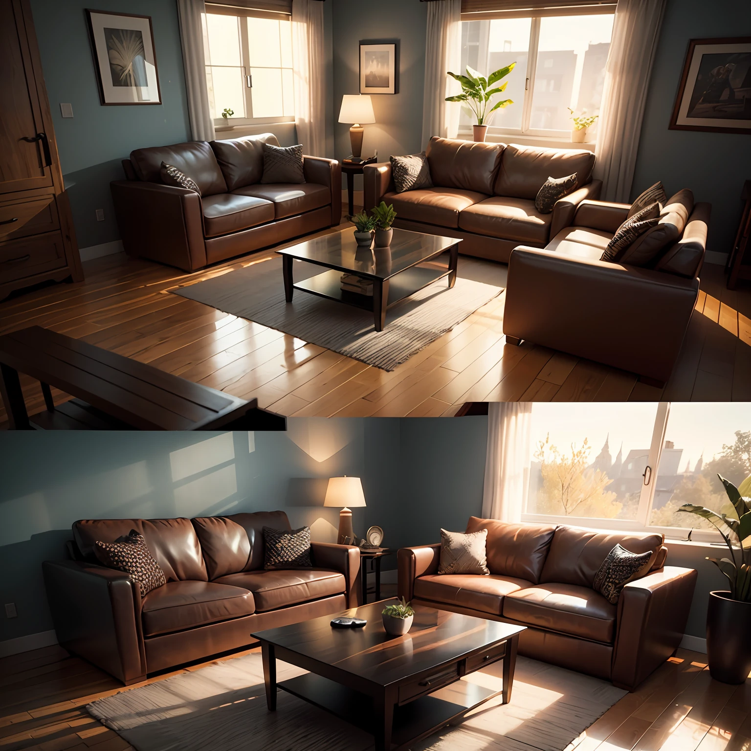 there is a room with a couch, a table, and a window, Realistic night lighting, interior background art, The night light is made in a blender, Unreal engine ; romantic theme, photorealistic room, rendered in 3d s max, high quality 3d render, high quality 3d render, atmospheric render, Relaxing concept art, soft 3d render, Volumetric natural night lighting --auto