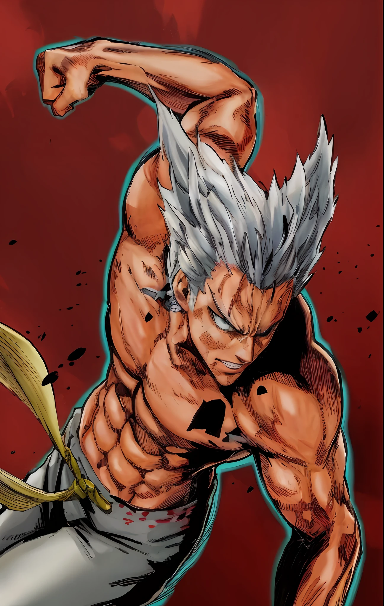 a close up of a man with a fist in his hand, striking manga artstyle, Arte Oficial, Gatilho Estilo de Arte de Anime, filho de sparda, full color manga visual style, one punch man manga, Retrato de Hisoka Hunter Hunter, kentaro miura manga art style, um louco de cabelos prateados, arte chave do anime, kentaro miura manga style