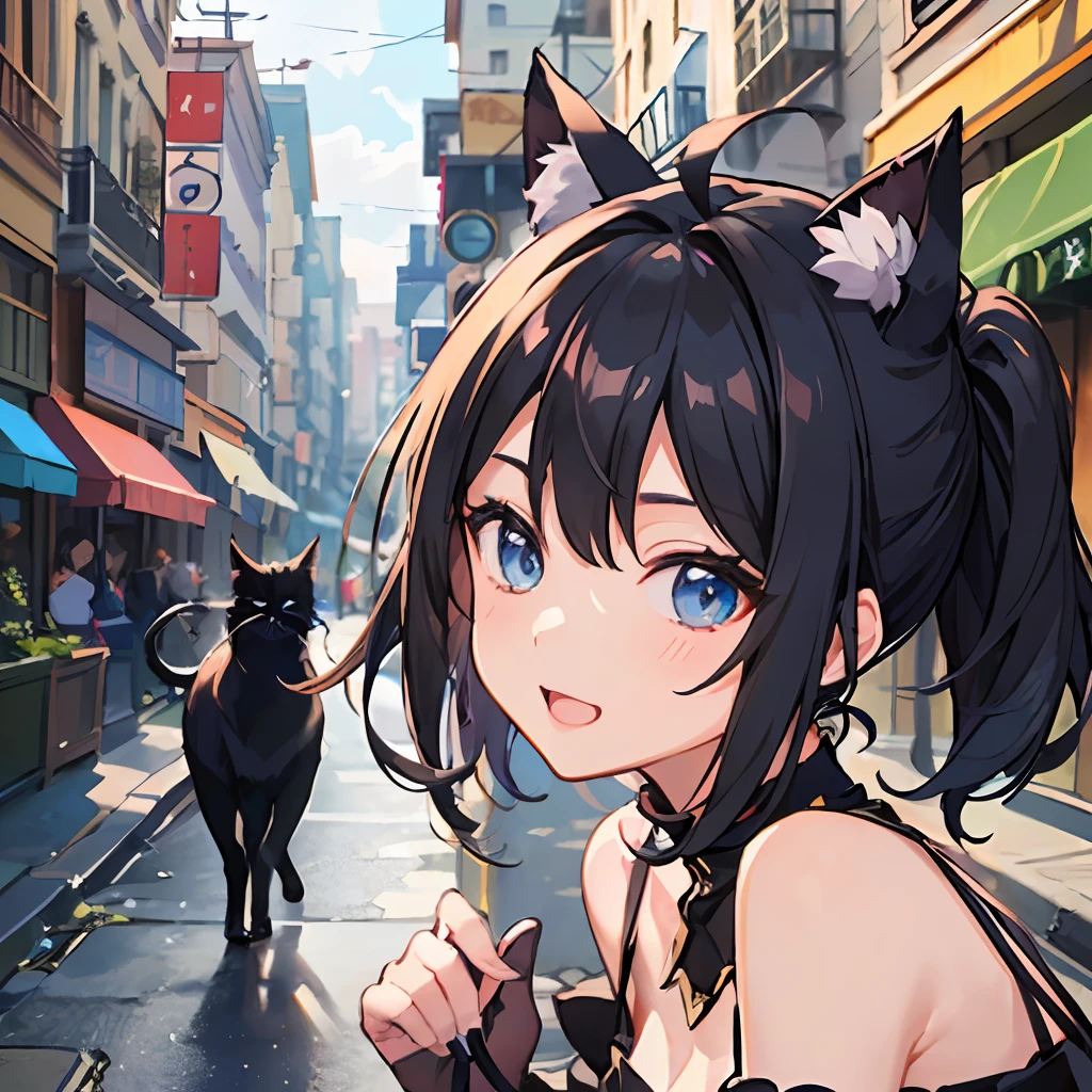 ((beste-Qualit))、((a masterpiece of))、((ultra-definition))、(illustratio)、(Fine light)、(Extremely delicate and beautiful)、(((独奏)))、1 girl in、(((beautiful a girl)))、opened mouth、a smile、(Black-haired), (Black cat ears), (Ahoge), (absurdly short hair), (Maeby Hair), (Blue eyes),Fashionable background、poneyTail、