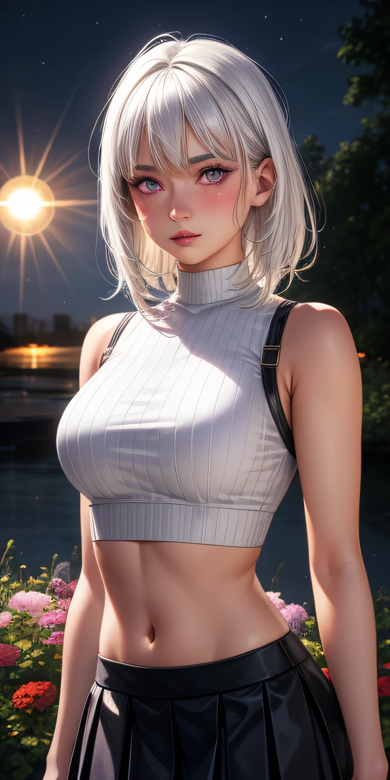 realistic, 1girl, white hair, purple eyes, glowing eyes, crop top, skirt, parted lips, blush, night, flowers, sun, sunlight,