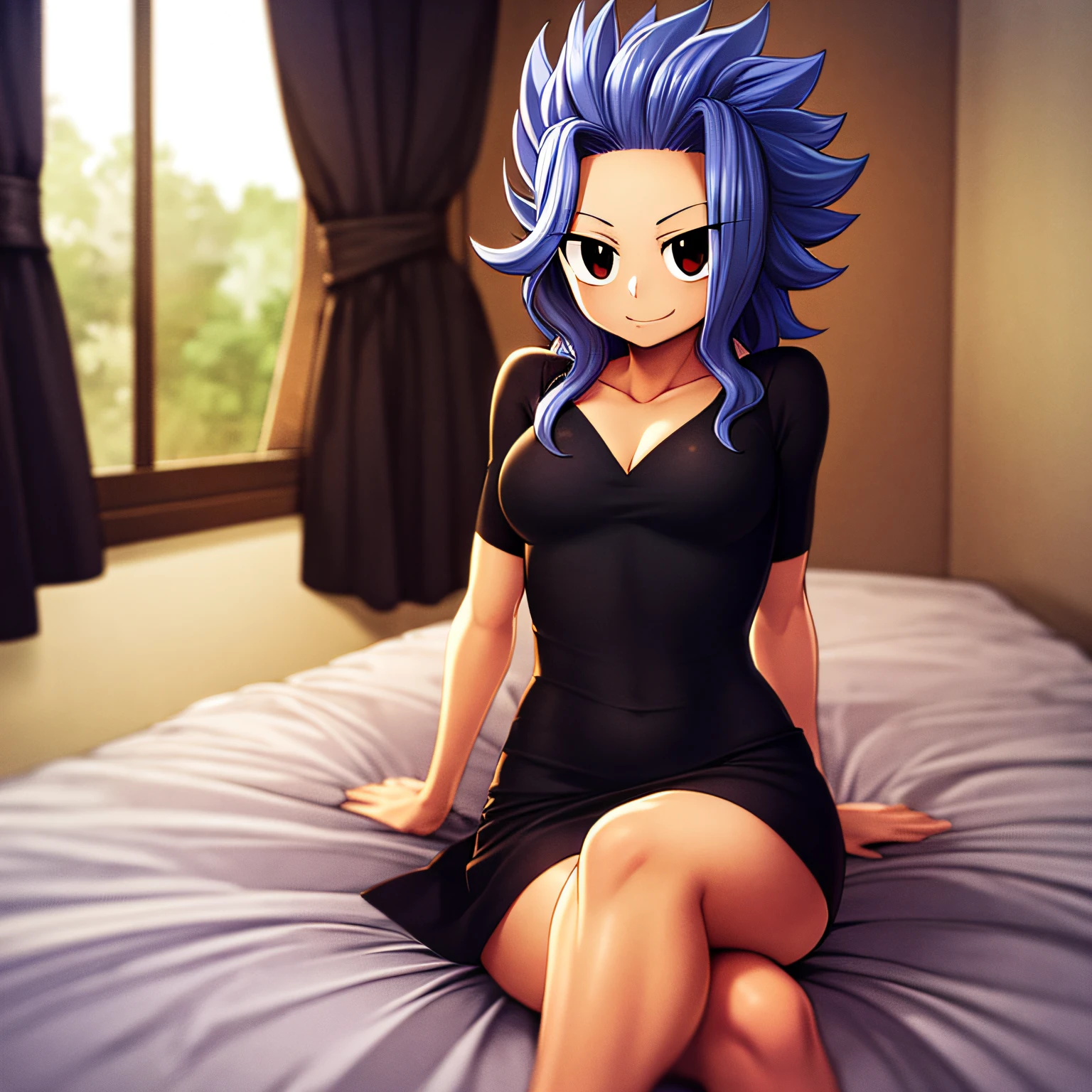 masterpiece, absurdities, levy\(fairy tail\), 1girl,female mature, solo, black dress, skirt, looking at viewer, caustics, sitting, legs crossed, bed, window