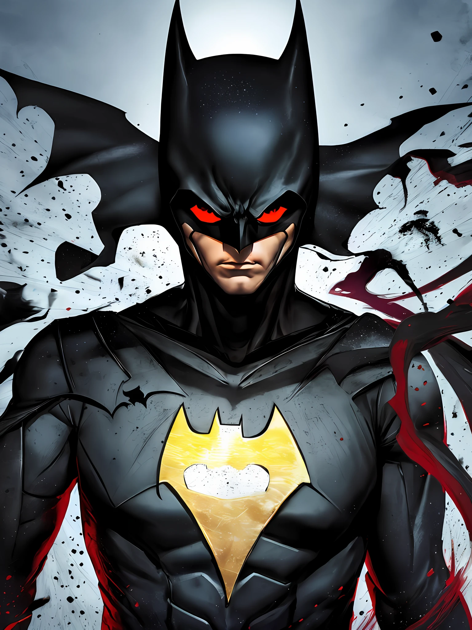 a Batman Nightmare version with red and black flying uniform with more detail, uma cicatriz no rosto, dentes mais monstruosos e afiados, 4k resolution, Cena de filme de terror 8k, hyper realistic, ultra detalhado, Afiada, coerente, vista de cima para baixo