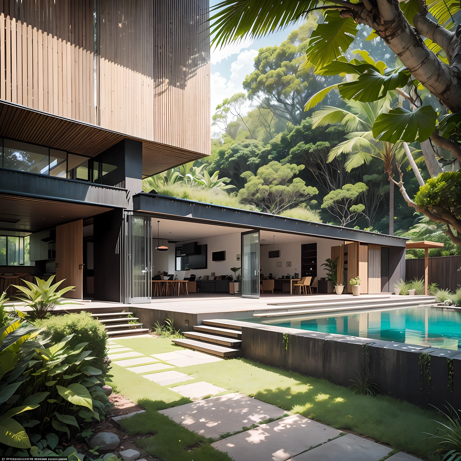 uma casa ultrarrealista futurista em meio da floresta amazonica me mostre comodos dessa casa por dentro como (cozinha,quartos,sala etc) --auto