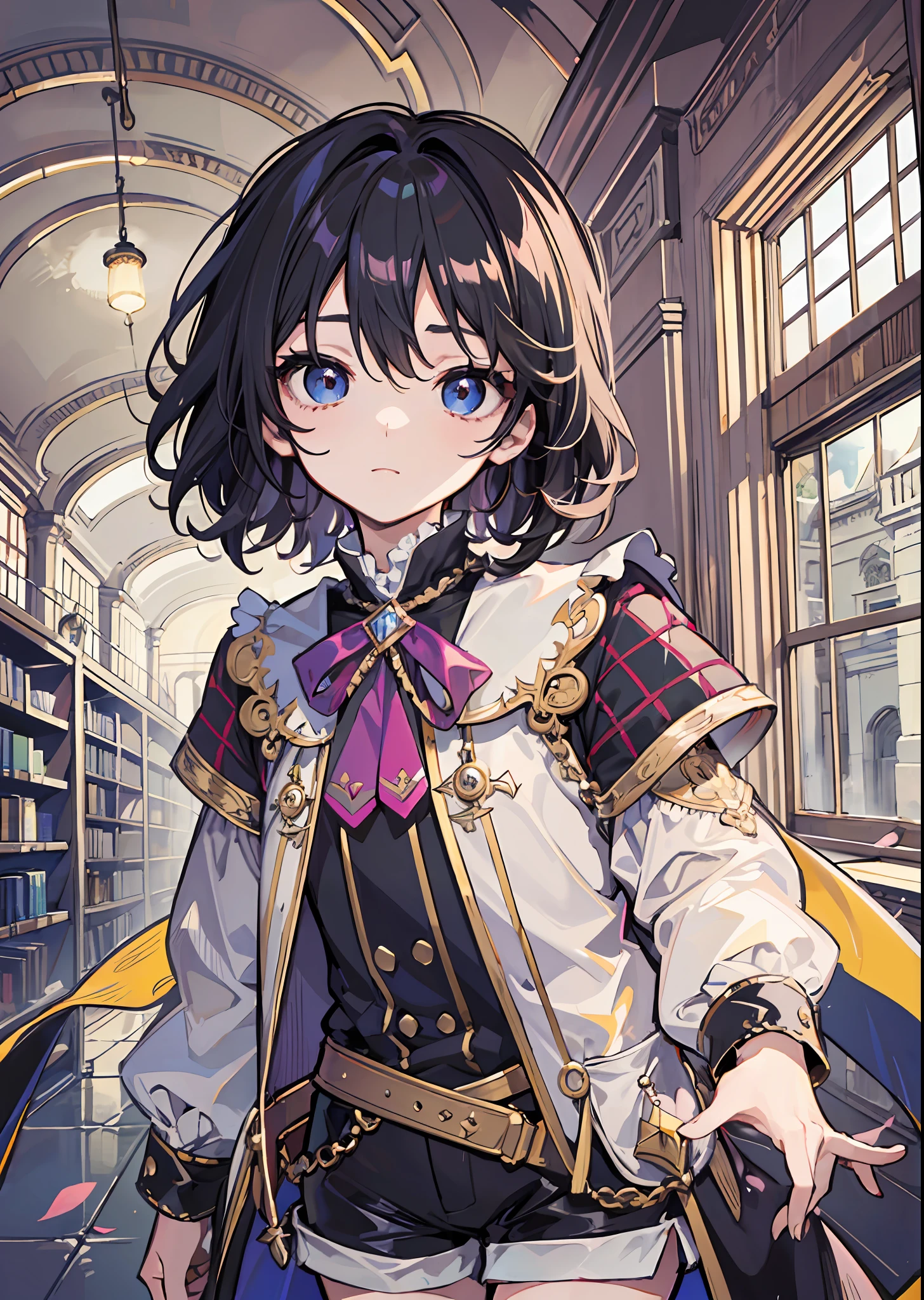 solo, alone, focus on character, calm face, (((shota))), boy, male, ((kid)), child, aristocratic clothes, victorian clothes, darl fantasy, grimm darl fantasy, victorian style, kodona, magenta, long sleeves, puffy long sleeves, long stockings, fantasy, medieval, long shorts, spacious shorts, nikers shorts, library, black hair, tousled hair, shaggy hair, protruding hair, puffy hair, black eyes, 8k, HDR, 8k HD, hyper-detalied, detailed character, detailed eyes, detailed face, detailed eyes, dark, low light