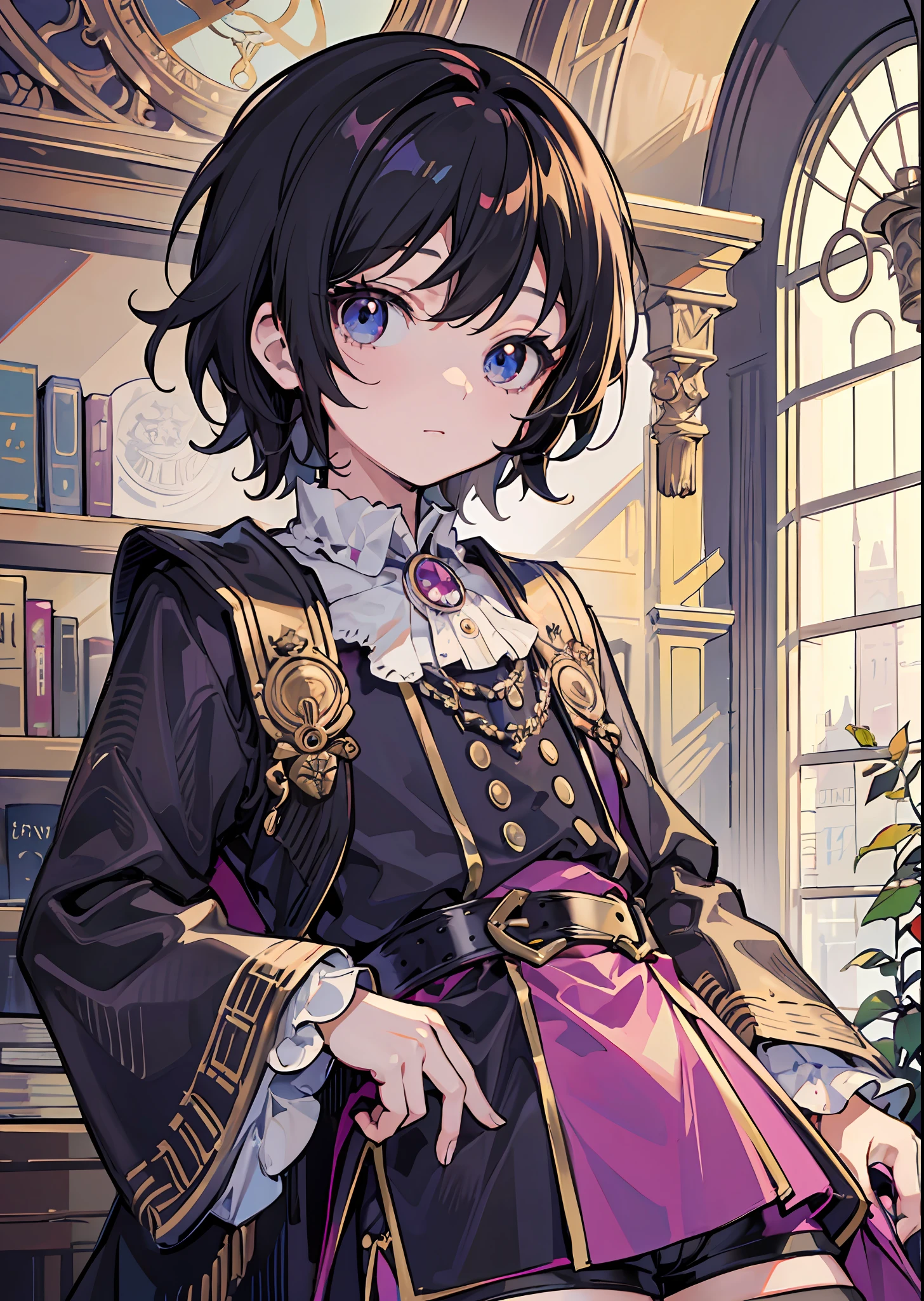 solo, alone, focus on character, calm face, (((shota))), boy, male, (()), child, aristocratic clothes, victorian clothes, darl fantasy, grimm darl fantasy, victorian style, kodona, magenta, long sleeves, puffy long sleeves, long stockings, fantasy, medieval, long shorts, spacious shorts, nikers shorts, library, black hair, tousled hair, shaggy hair, protruding hair, puffy hair, black eyes, 8k, HDR, 8k HD, hyper-detalied, detailed character, detailed eyes, detailed face, detailed eyes, dark, low light