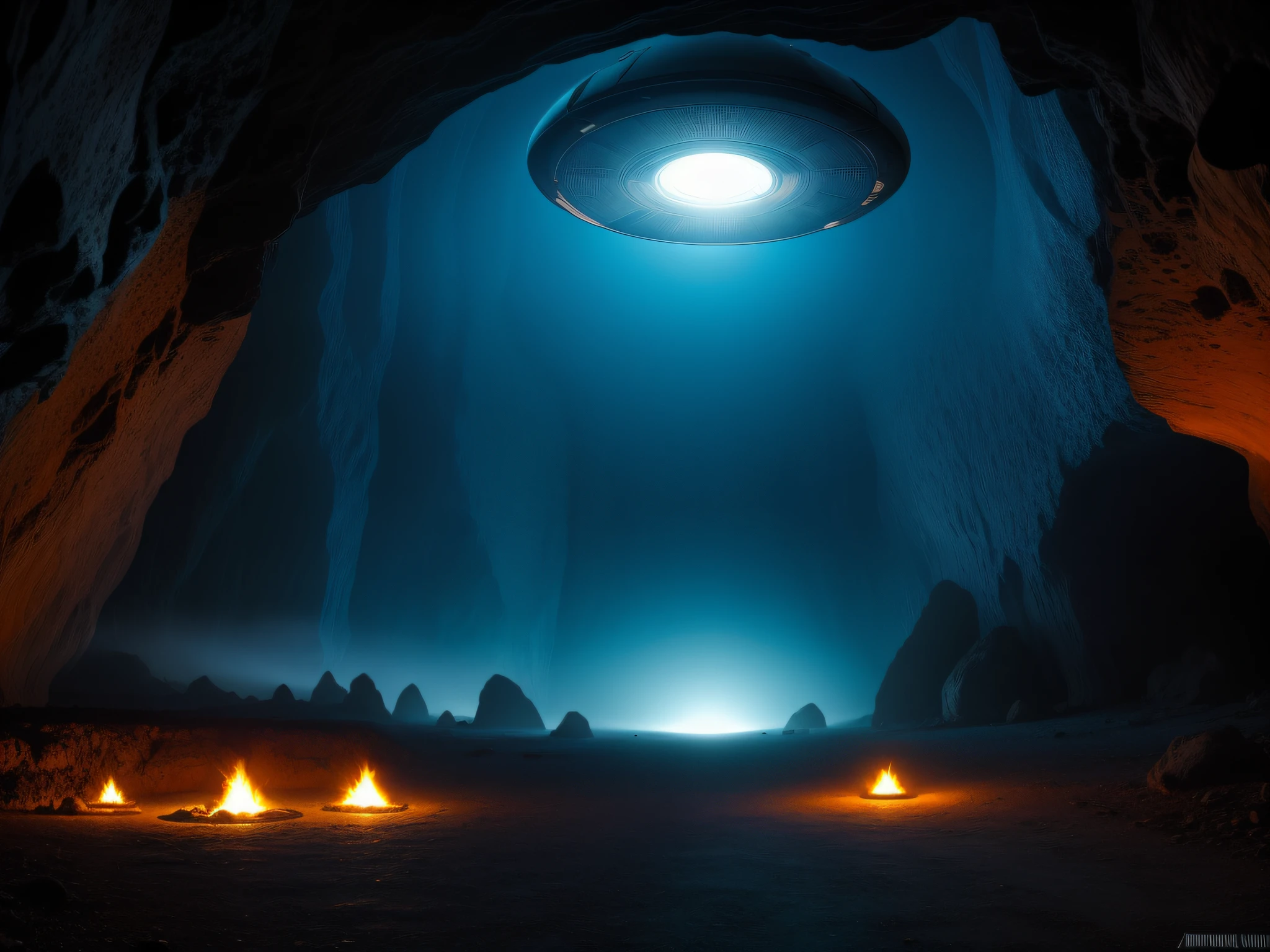 "(best quality, masterpiece) In a mesmerizing cyberpunk cave, a (ufo) casts swirling blue lights on the cave's walls and ceiling. Beyond the cave lies a beautiful mountain range, draped in an eerie mist."