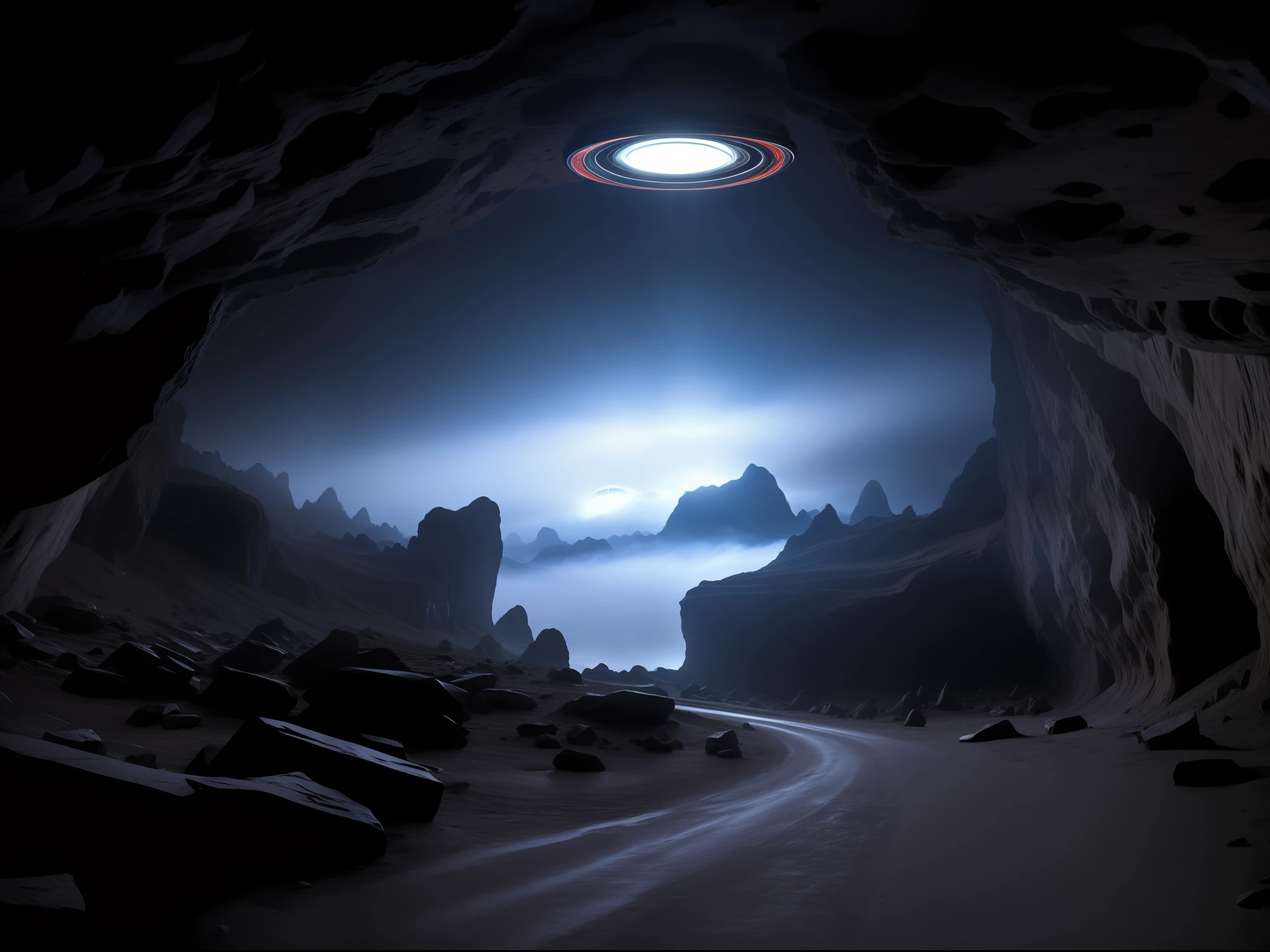 "(best quality, masterpiece) In a mesmerizing cyberpunk cave, a (ufo) casts swirling blue lights on the cave's walls and ceiling. Beyond the cave lies a beautiful mountain range, draped in an eerie mist."
