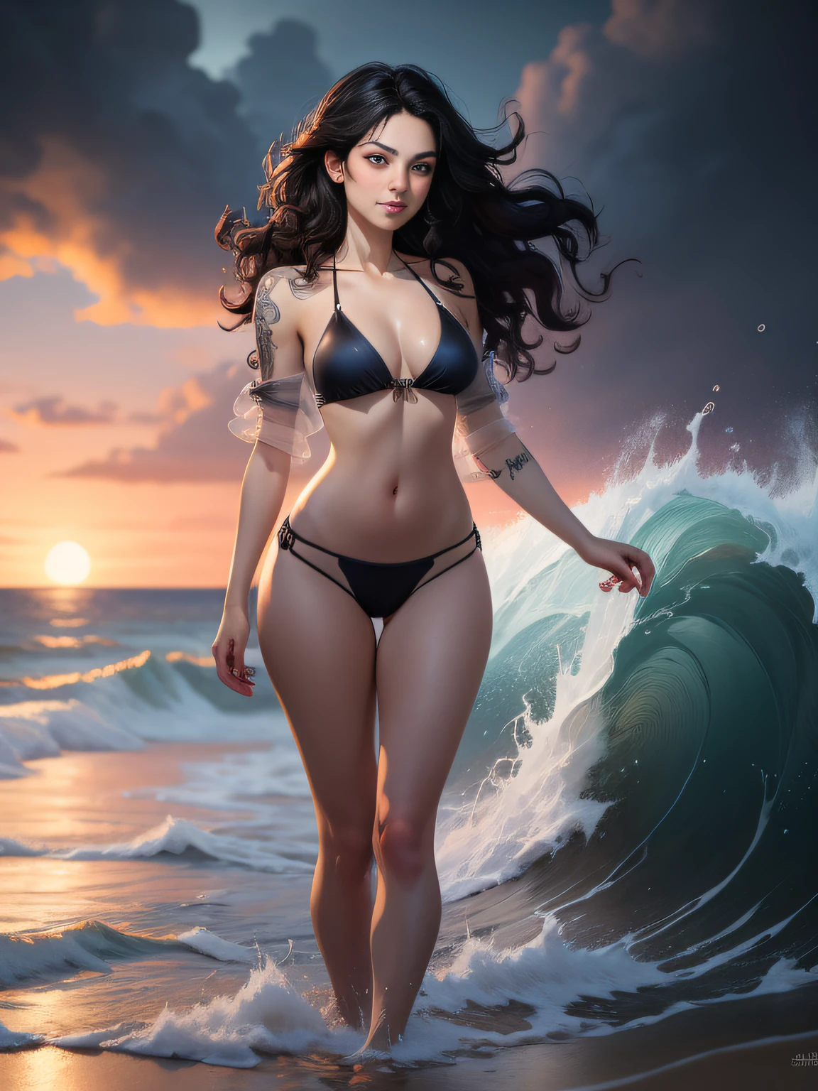 full body, Jean-Baptiste Monge Style, close-up, lovely woman in a beach field, splashing, magic lights, WLOP, Artgerm and James Jean, By Pascal Blanche Rutkowski, Repin Artstation, Art of Aquirax, 8k, epic, sharpen focus, hyper-realistic painting, concept art of detailed character design, matte painting, beautiful caucasian full body girl close-up, oil painting, stormy sunset reddish sky, abstract rough waves, concept art, skin wet with water, water drops, bubbles and wave foam, digital art, glossy, Kinematic, big perfect eyes glossy, filigree, surreal, fantasy, woman, volumetric lighting", "Best Quality", "Masterpiece, Sakimichan style art, slight smile, view of pubic hair , 1 sexy girl with transparent beachwear, exposed breasts, open transparent T-shirt, tattoos of mandalas and flowers, the best quality, long curly black hair, long cascading hair, long curly hair,,transparent bikini, black bikini, beautiful girl in a short bikini that reveals beautiful pubic,