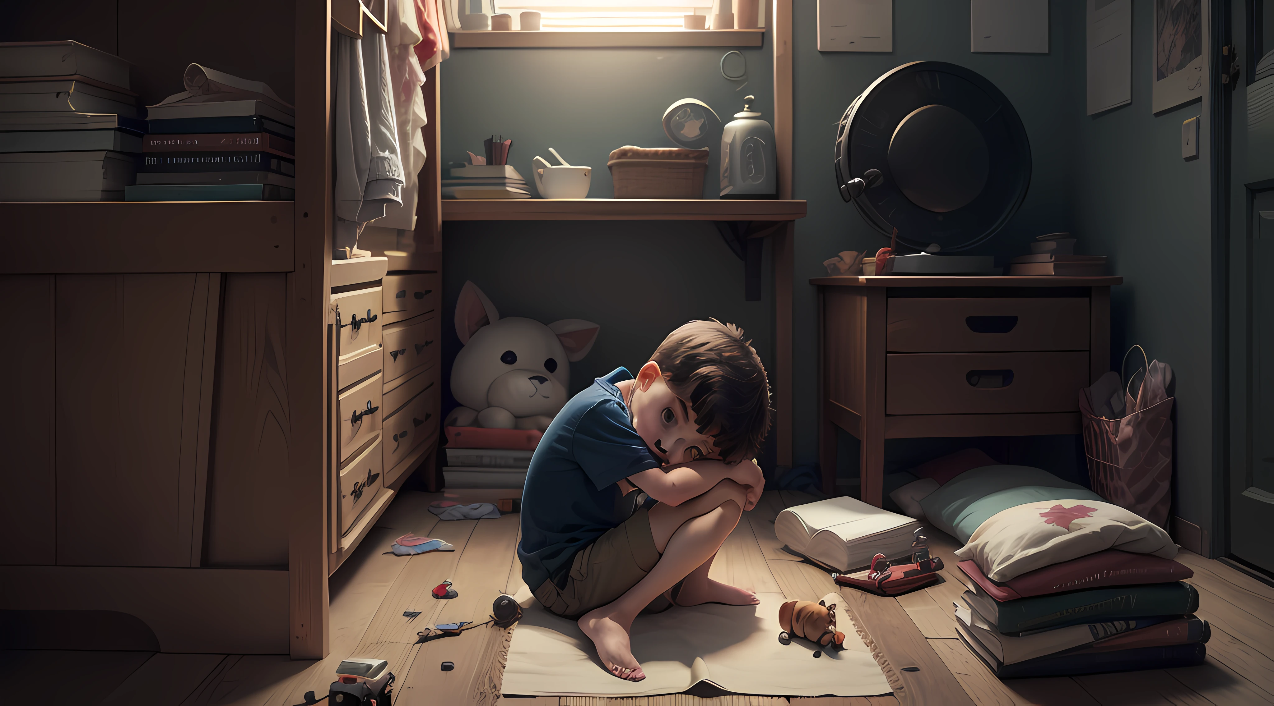 Crie uma imagem de um quarto pequeno, modestamente mobiliado. O , com cerca de 10 anos, is sitting on the floor, cercado por alguns brinquedos desgastados.
