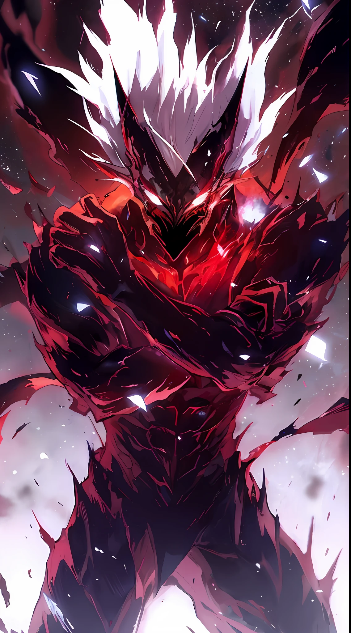 anime, um homem com um rosto vermelho e branco e um rosto vermelho e branco, is surrounded by flames, transformando-se em sua forma final, an epic anime of a energy man, foto de perfil 1024px, slifer the sky Dragon, chaos nightmare ❄️ amour venom, red demon armor, badass anime 8 k, cacodemon, anime epic artwork