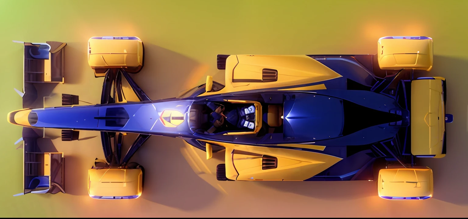 A blue and black race car，There are yellow stripes on the front, top - view, isometric view from behind, Top-down view, top - down view, 2 0 2 1 formula 1 audi car, formula one car, overhead birdseye view, 2 d overhead view, isometric top down left view, forward facing angle, F11:6，3 d render stylized, cute 3 d render, 《overwatch》Reinhardt, Nendoroid 3D, author：Lee Jeon-suk, stylized 3d render, super detailed render, high res render, advanced digital chibi art, rendered in redshift, high quality rendering，sunsight，During the day，Without background。8K