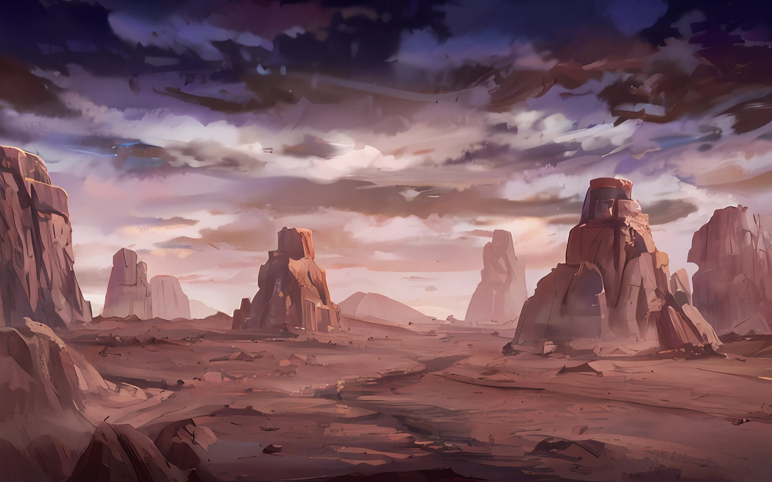 Hay una pintura de un desierto con rocas y un cielo, Valle del Fondo Maldito, desert wasteland, an alien landscape, desert scenery, Ilustraciones de fondo, Paisaje anime, Paisaje marciano, alien landscape, Paisaje de Marte, desert environment, scifi landscape, an alien landscape view, Arte conceptual de escenarios de anime, desert lands, Fondo de Martian Sands, ambiente rocoso