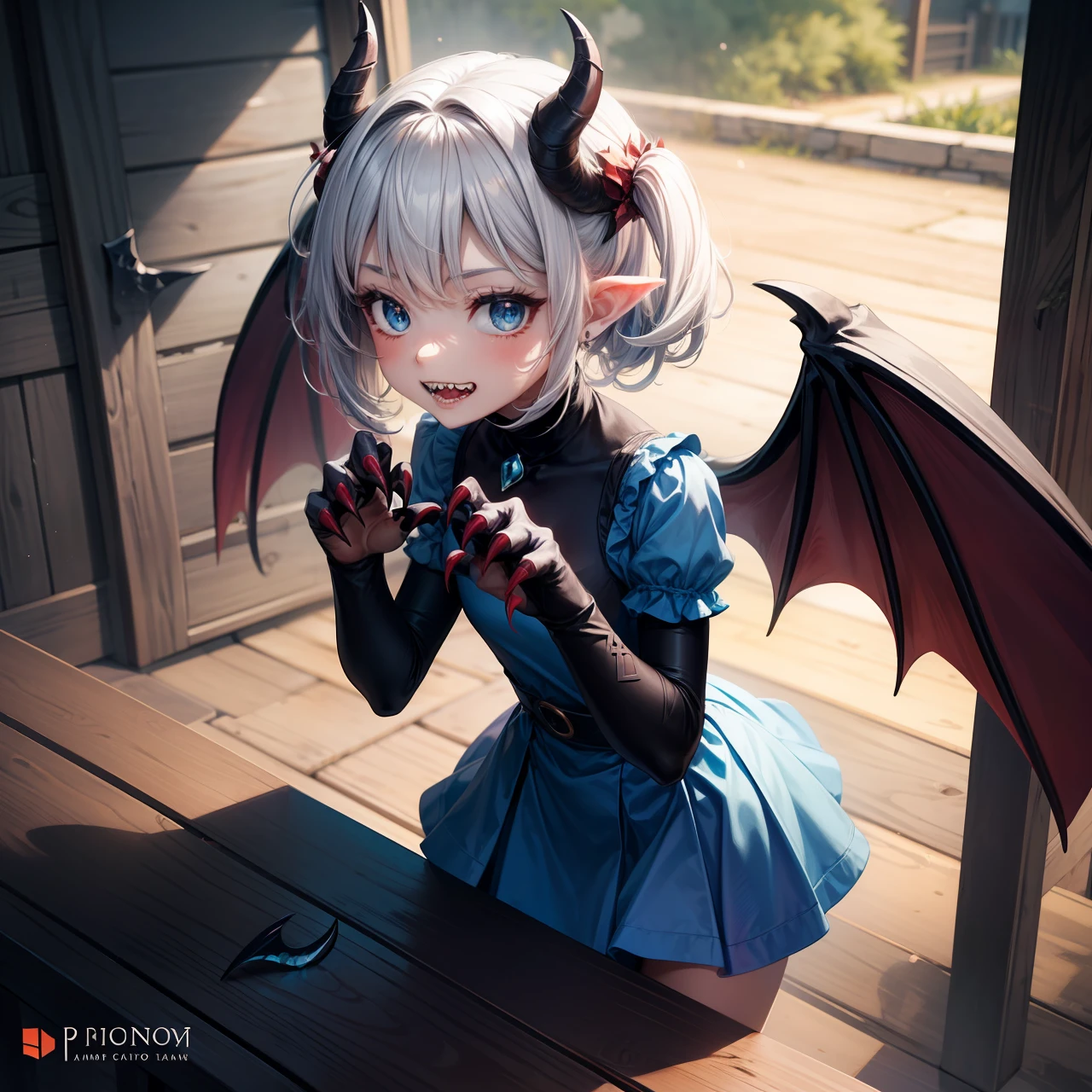 Splash art, cute demon girl, demon wings, sharp teeth, cute blue summer dress, showing claw hands pose, with small red claws on fingers, (perfect hands), looking to viewer, standing on wooden table, fighting pose, stunning beauty, [[chibi]], close-up, muted colors, deep shadows, trending on Pixiv, 4k