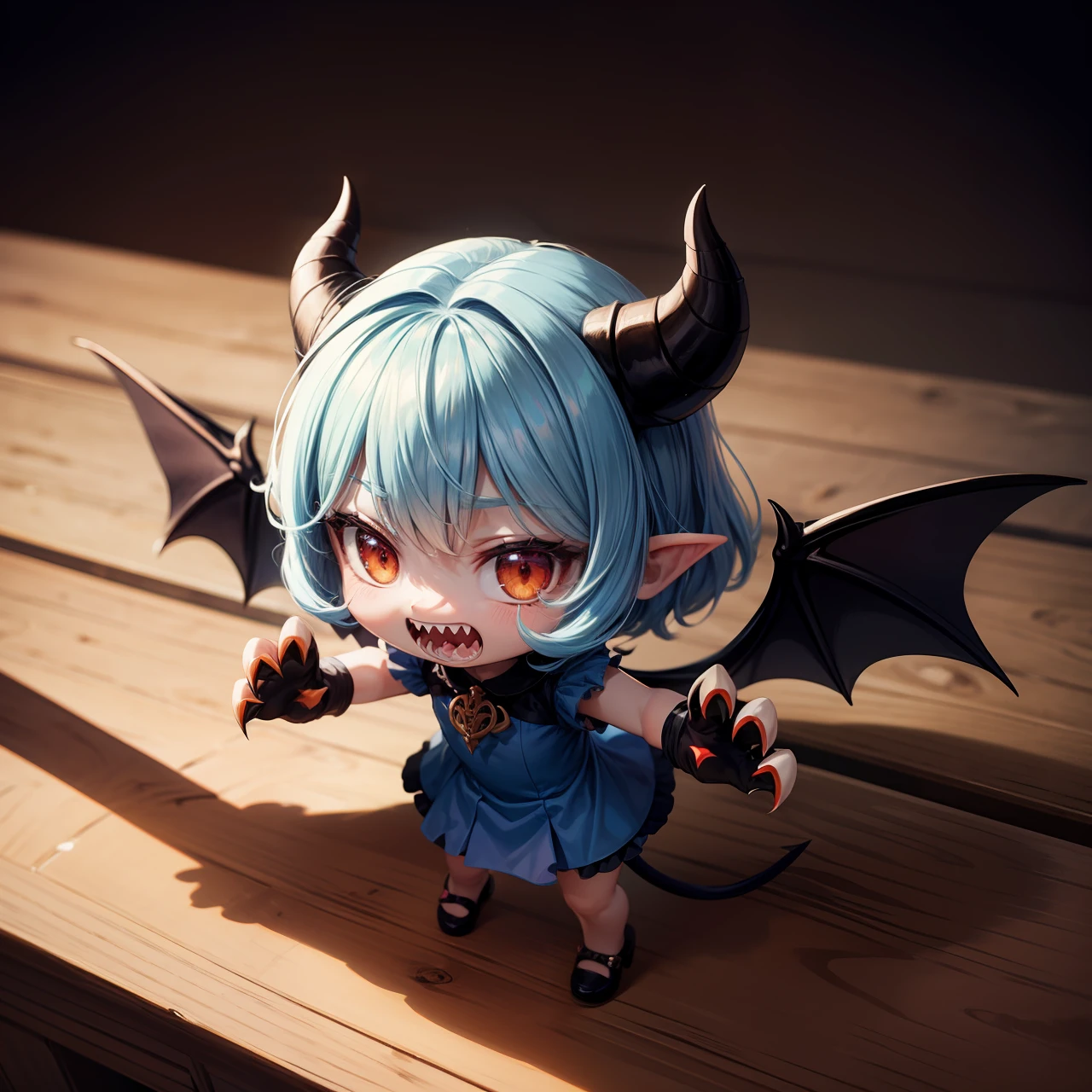 Splash art, cute demon girl, demon wings, sharp teeth, cute blue summer dress, showing claw hands pose, with small red claws on fingers, (perfect hands), looking to viewer, standing on wooden table, fighting pose, stunning beauty, [[chibi]], close-up, muted colors, deep shadows, trending on Pixiv, 4k