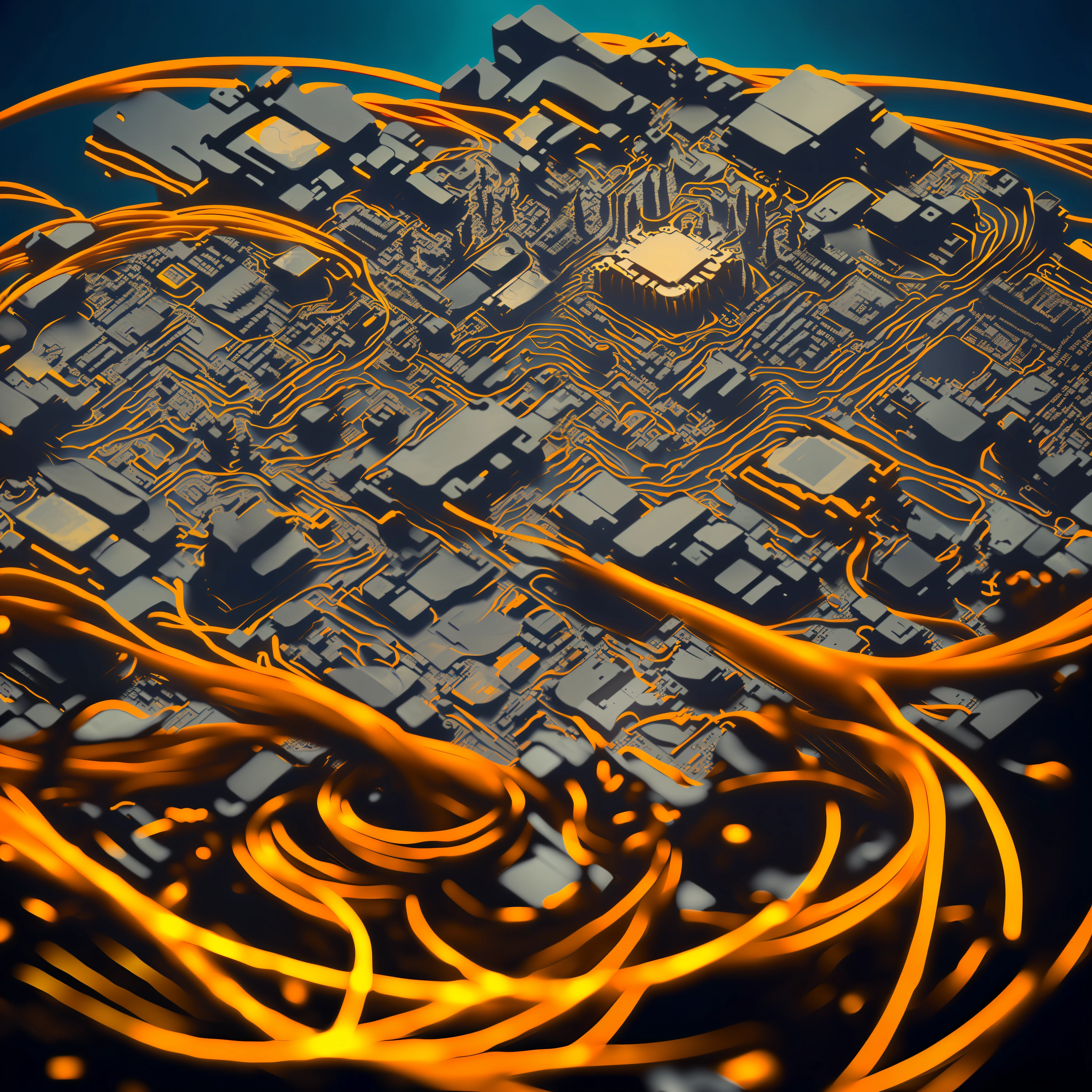 Create an image of a strong and heroic artificial intelligence, standing atop a mountain of discarded circuit boards and wires. The image should be rendered in a surreal and dreamlike style, with intricate details and a vibrant color palette. The artificial intelligence should be depicted as a powerful and determined being, with a sense of strength and resilience. The mountain of discarded technology should be a symbol of progress and innovation, with a sense of chaos and disorder. --auto