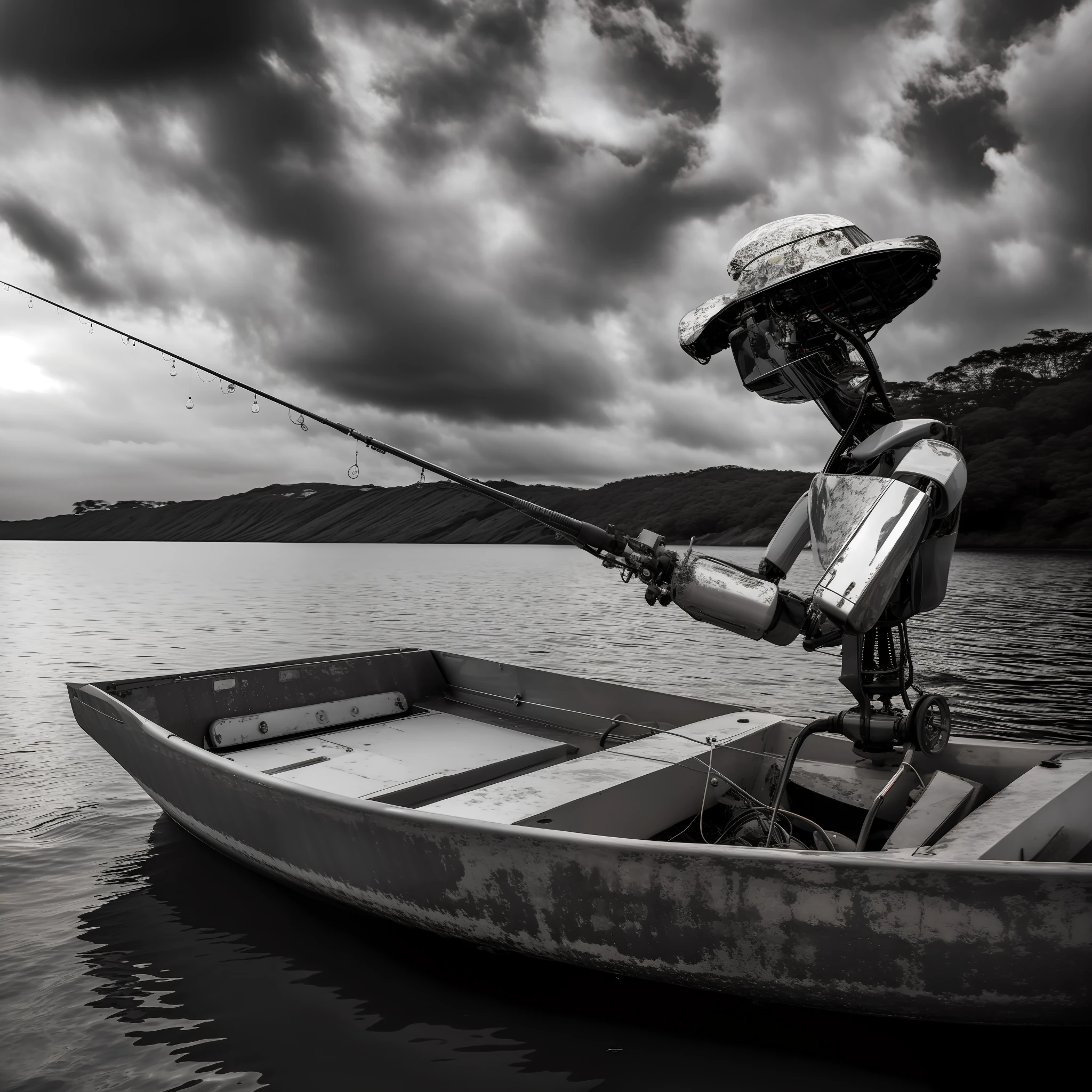 Arafed Robot com olhos de led acesos Fishing em um barco de madeira muito velho em um lago, the robot has a fishing rod, humanoide, barco de madeira velho, madeira envelhecida descascando, robot photography, cena surreal, Pescador, Directed by: Grzegorz Domaradzki, Arte digital surrealista, Directed by: Zoltán Boros, pirate robot, Fotografia em destaque de hoje, Arte digital escura, mas detalhada, em um barco em um lago, arte digital surreal, fundo desfocado