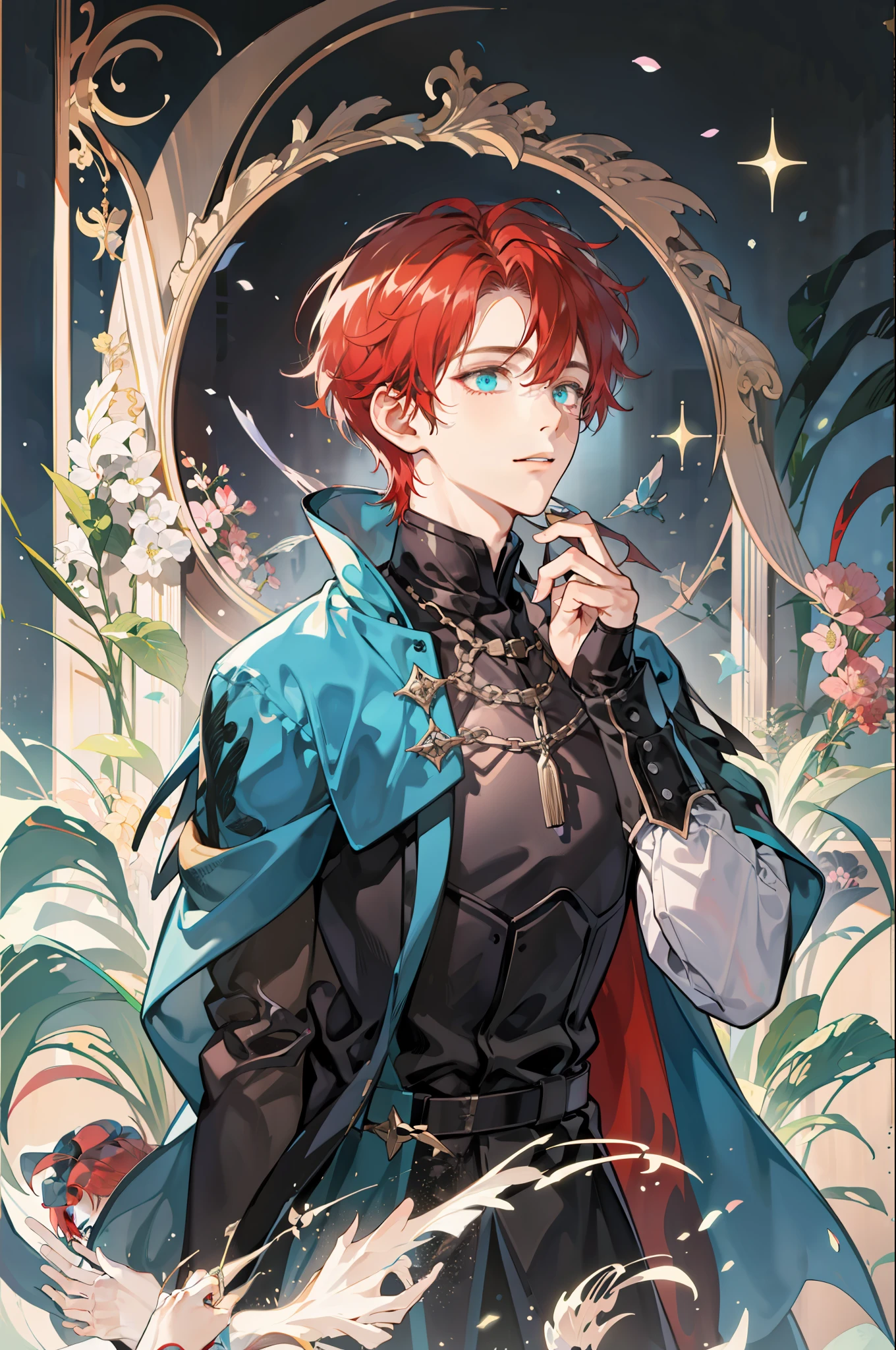a masterpiece of, 1boy, red hair, longye hair, Combed hair, Cyan eyes, melancholic, goods maga, Dark Robe, Middle Ages, Simple background, sorcerer, The Dark Mage