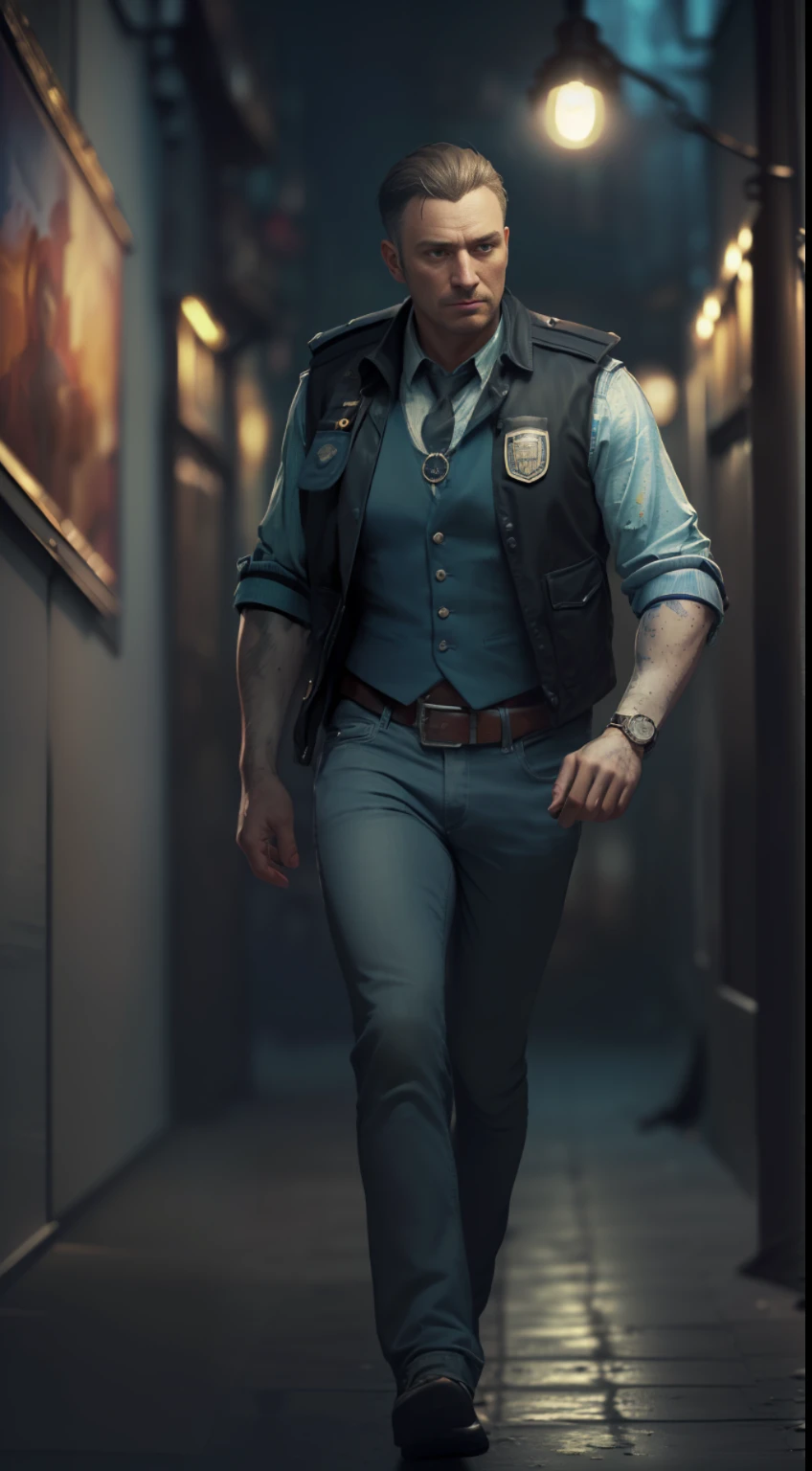 ( 
    (Character: one English man, 40 years old, police, serious expression, short windswept  hair, strong body)
    (Clothing: blue police vest, bulletproof vest)
    (Pose: full body shot:1.7, with a pocket watch)
    (Background: dark alley at night:1.3, intense urban lights in background, blue color scheme) 
    (Style: ((masterpiece:1.5)), (face detailed), photo-realistic:1.3, hyperrealistic, film grain, realistic lighting, backlighting:1.3),(sfw)
)