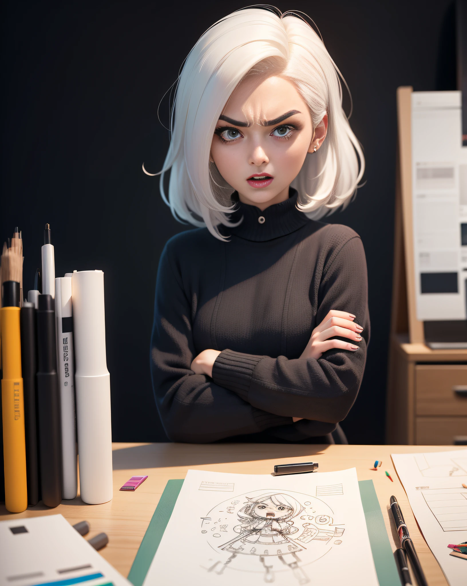 A white-haired、crossing arms、think、Arms crossed、Opening Mouth、scream out、(((annoyed))),Frustrating、Creative designers bring ideas to life in creative studios。She is surrounded by colorful colors and tools in an environment、Passionate。Her face is focused.、There is a light wrinkle between the eyebrows.、At the same time it has a look full of creativity and charm。I think。
Her hand moves ahead、Using design tools、Do concept sketches and design challenges.。She's surrounded by sketchbooks and colourful materials full of creative inspiration.。