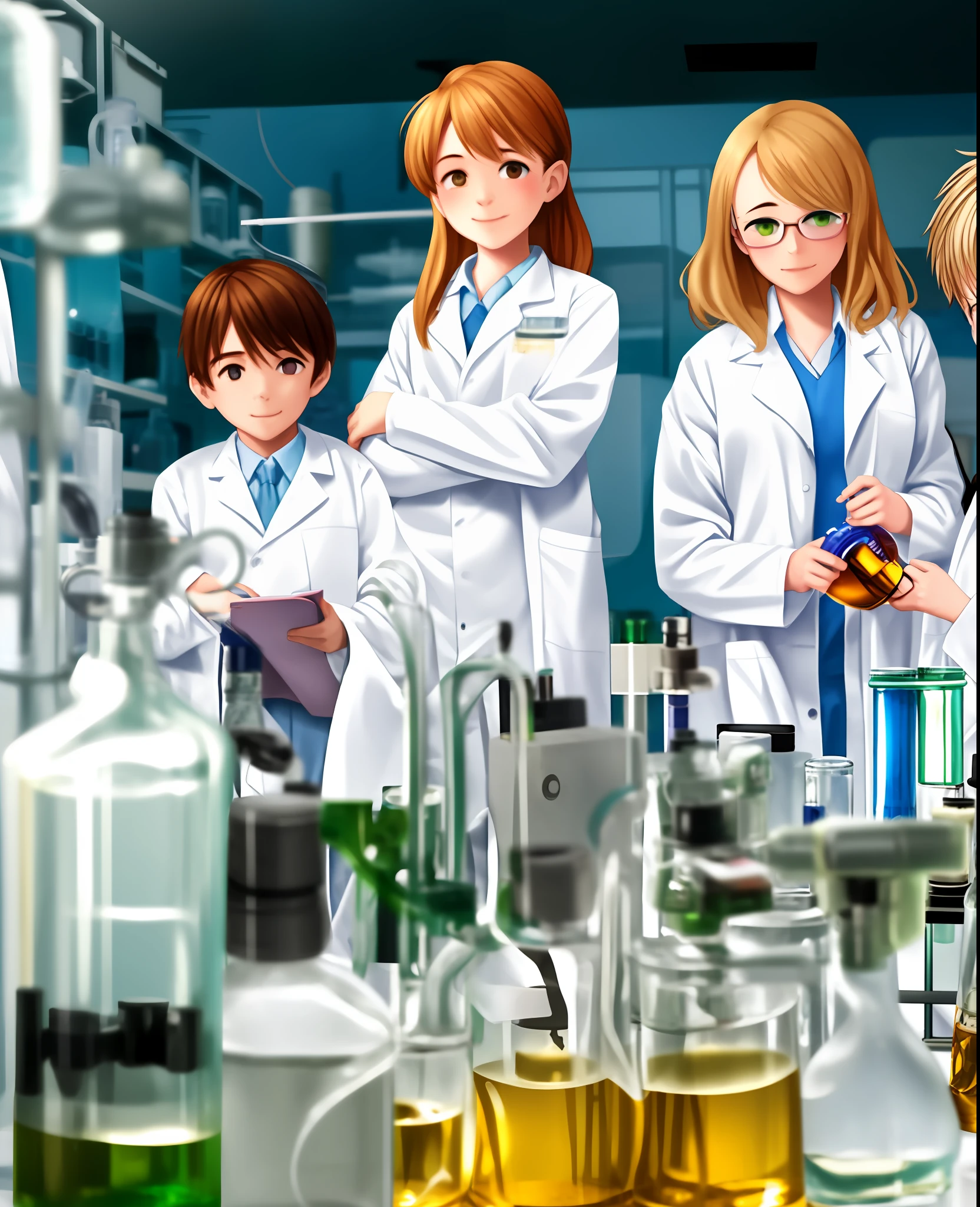 Two boys and one girl scientist in a white lab coat working in a cluttered laboratory