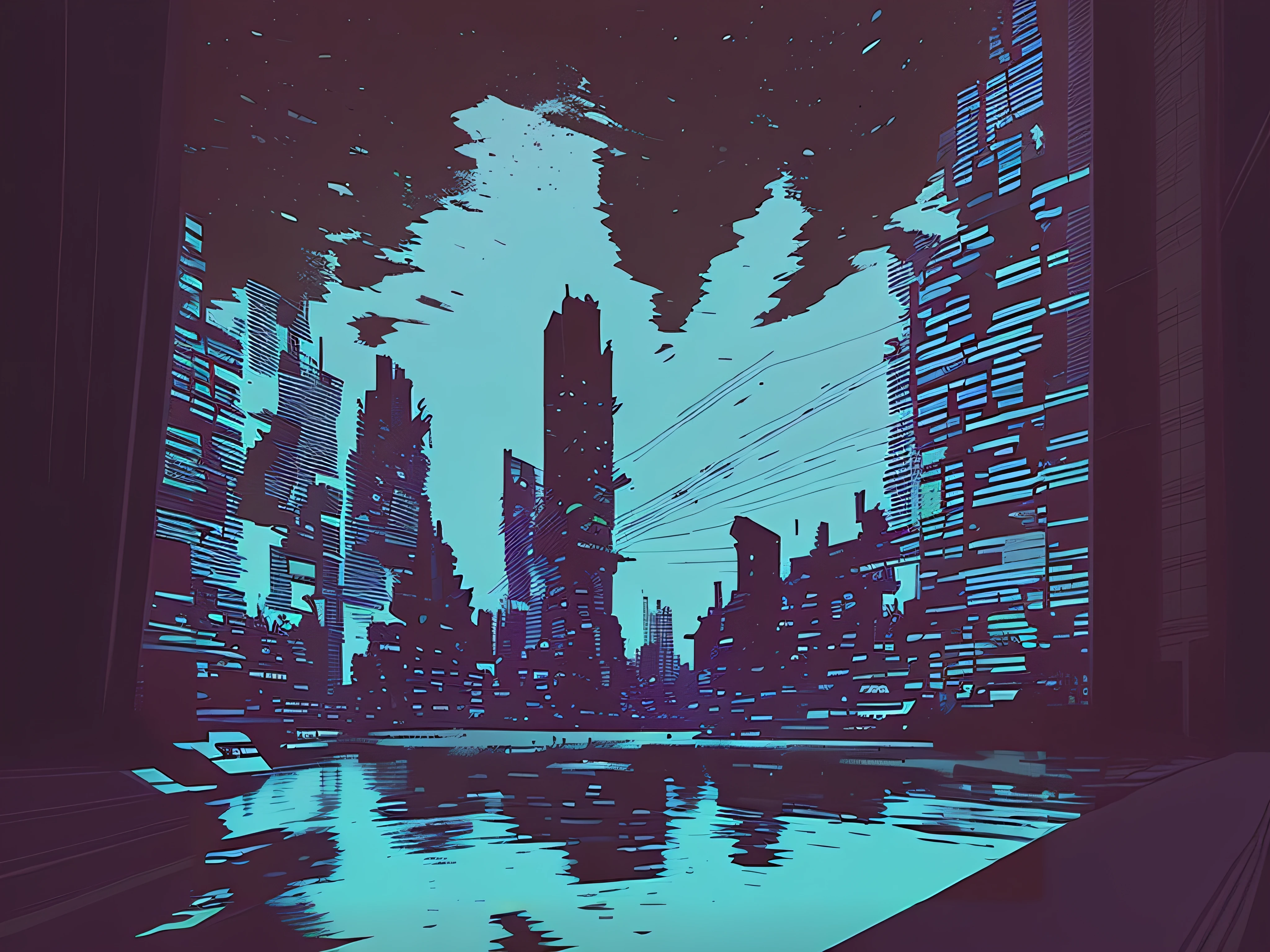 there is a picture of a city skyline with a river in the foreground, cidade no estilo cyberpunk, futuristic cityscape, Paisagem urbana futurista, paisagem da cidade cyberpunk, dystopian digital art, geometric futuristic cityscape, Cidade futurista escura, Paisagem Cyberpunk, Paisagem urbana cyberpunk, futuristic city backdrop, cidade cyberpunk ao longe, city is pure wasteland, Cidade Vaporwave, CIDADE CYBERPUNK