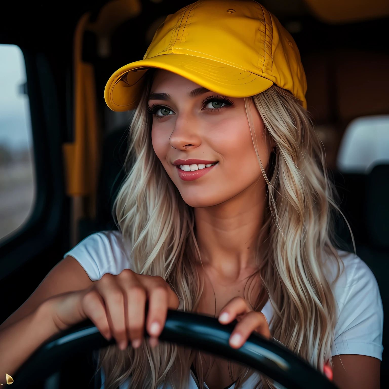 Blonde woman in a yellow hat driving a truck, yellow cap, mulher loira, mulher amarela bonita, mulher sueca loira, mulheres loiras, retrato da menina, blonde girl, mulher bonito, Beautiful image, louro, wearing a baseball cap, with hat, foto de perfil, wearing baseball cap, foto portait foto de perfil, (((amarelo))), menina loira bonita, wearing a cute hat