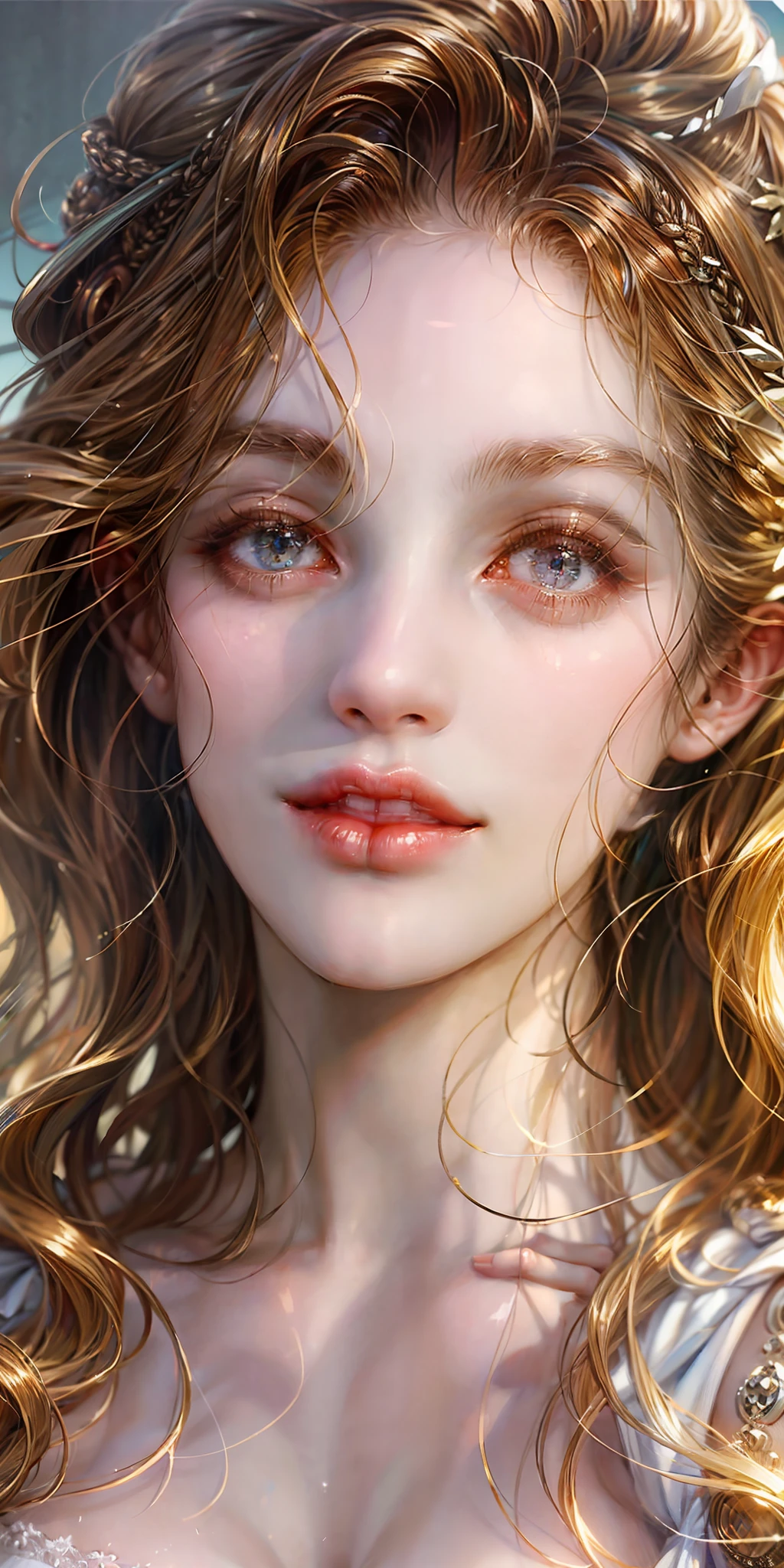 Girl Huge breasts,Delicate facial features,Blonde midpoint,Long curly hair,dishevled hair,Good figure,Beautiful curves,sportrait,Delicate facial features,Close-up of facial features,fromabove