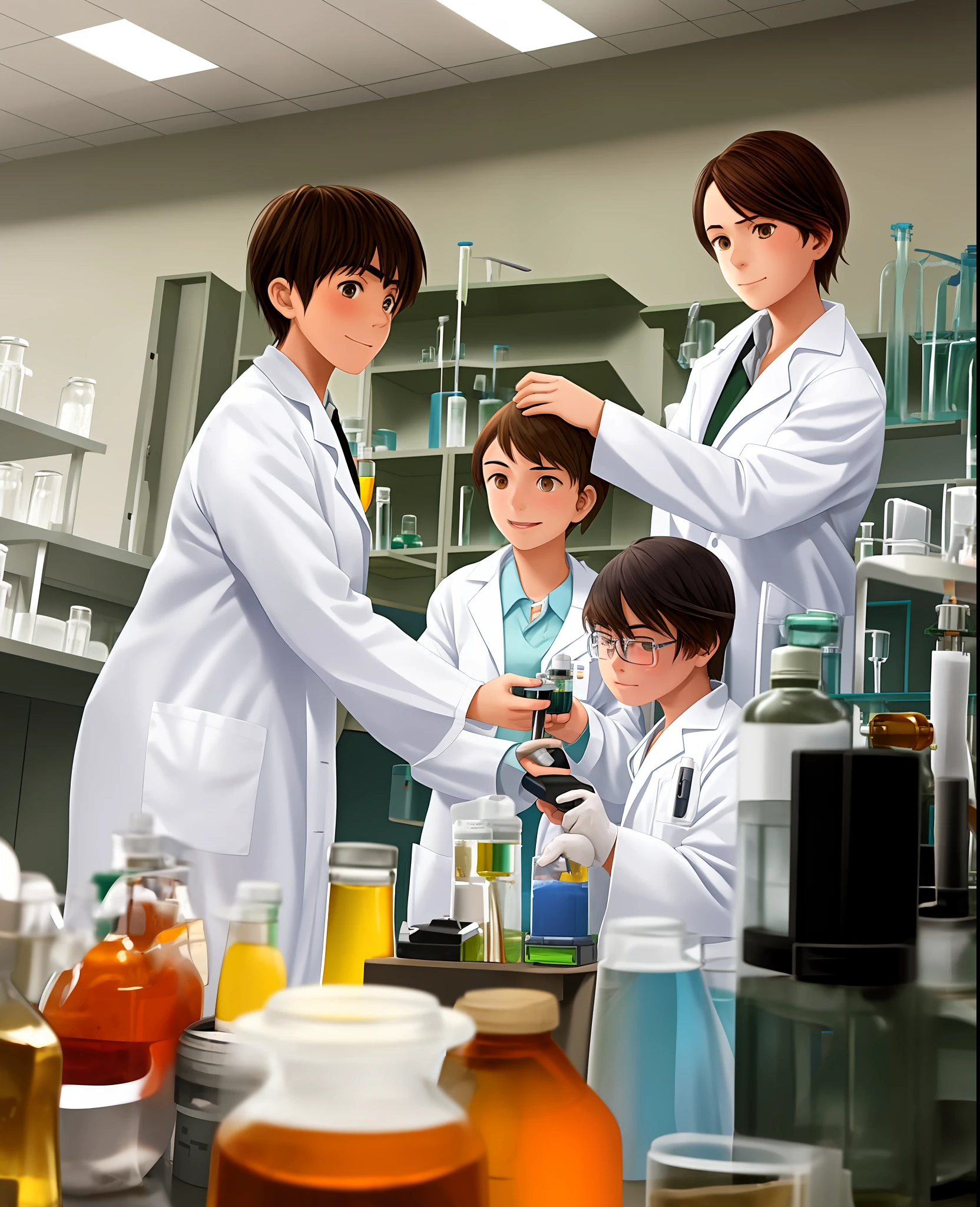 Two boys and one girl scientist in a white lab coat working in a cluttered laboratory