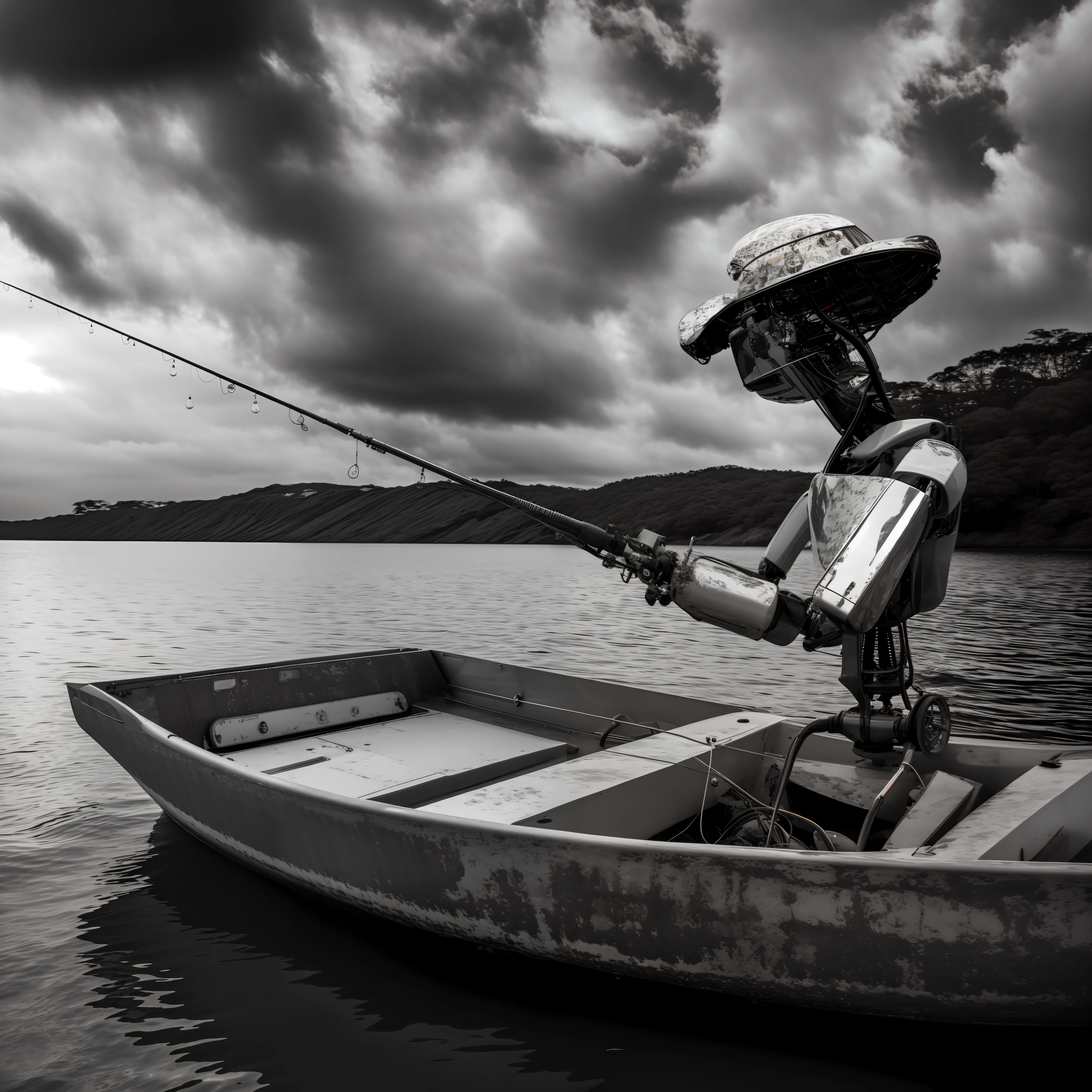 Arafed Robot com olhos de led acesos Fishing em um barco de madeira muito velho em um lago, the robot has a fishing rod, humanoide, barco de madeira velho, madeira envelhecida descascando, robot photography, cena surreal, Pescador, Directed by: Grzegorz Domaradzki, Arte digital surrealista, Directed by: Zoltán Boros, pirate robot, Fotografia em destaque de hoje, Arte digital escura, mas detalhada, em um barco em um lago, arte digital surreal, fundo desfocado