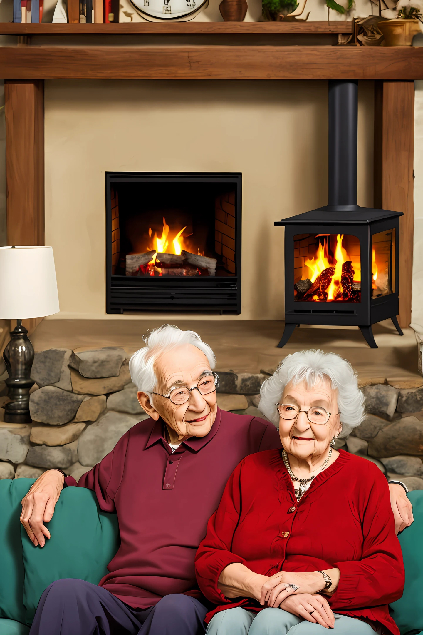Uma sala com uma lareira, an elderly couple sitting on the couch in front of the fireplace