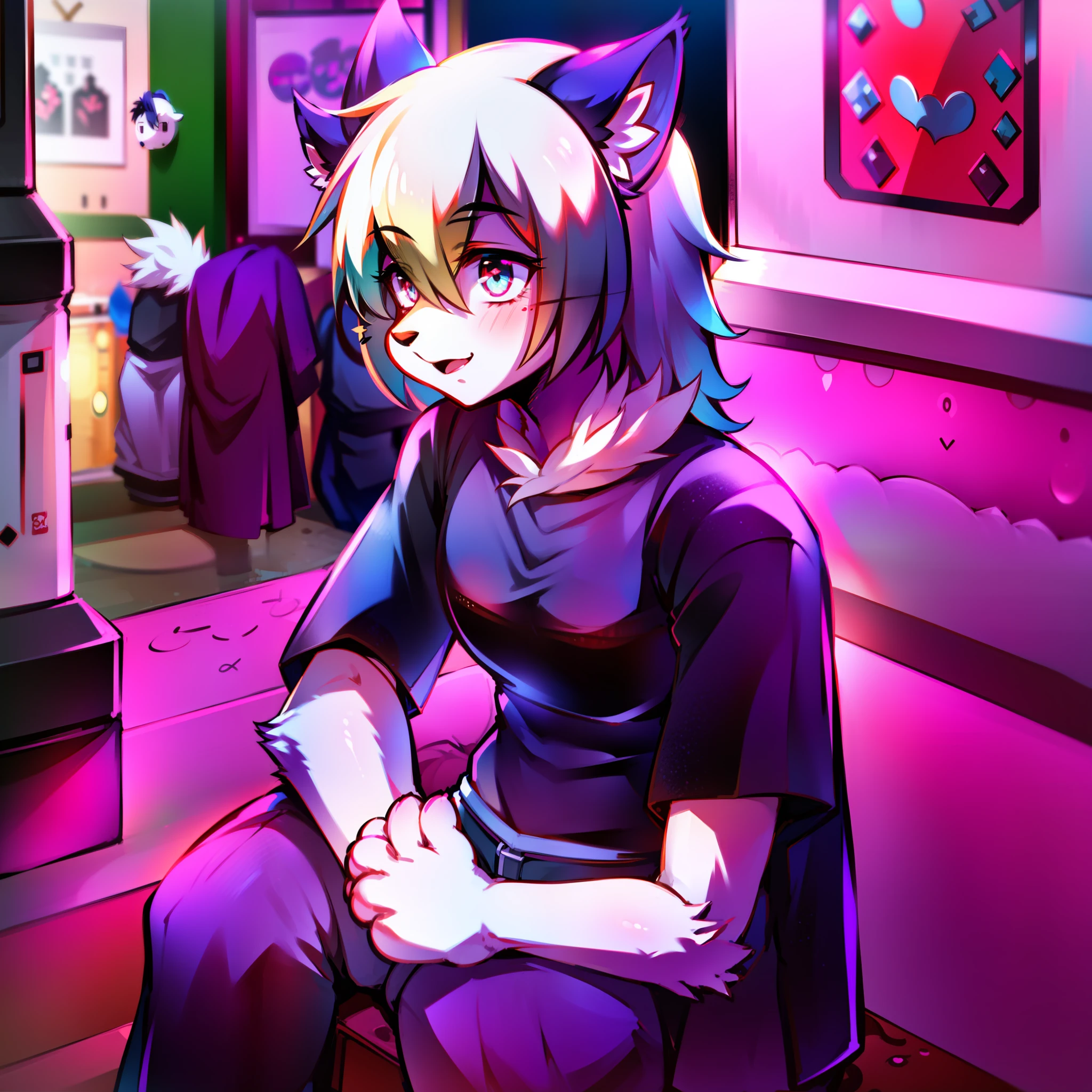 ((furry:0.9,emo:0.8),pelo blanco:1.2,ojos cafes:1.2),(cabra:0.5),(black pant:1.1),(camisa morada:1.1)