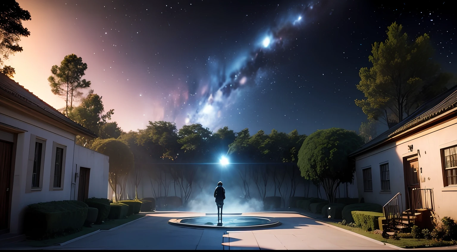 Pixar style, 3d, a magical labyrinth, enchanted well-lit forest during the day,  amazing sky with galaxies, black holes and stars, seen from afar. Perfect artwork, cinematic, scene 16:9 --auto