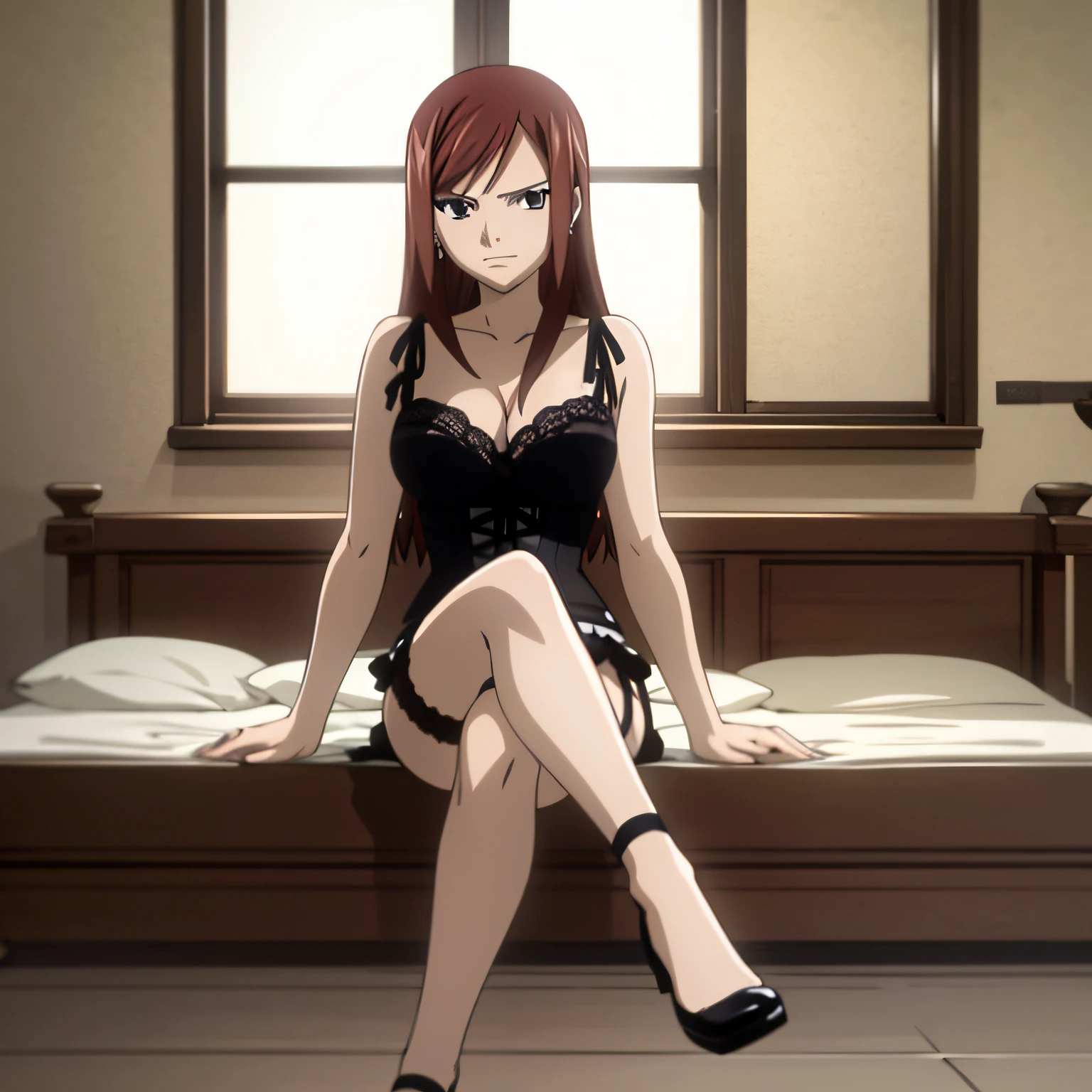 masterpiece, absurdities, erza\(fairy tail\), 1girl,female mature, solo, black corset, lingerie, garter straps, looking at viewer, caustics, sitting, legs crossed, bed, window