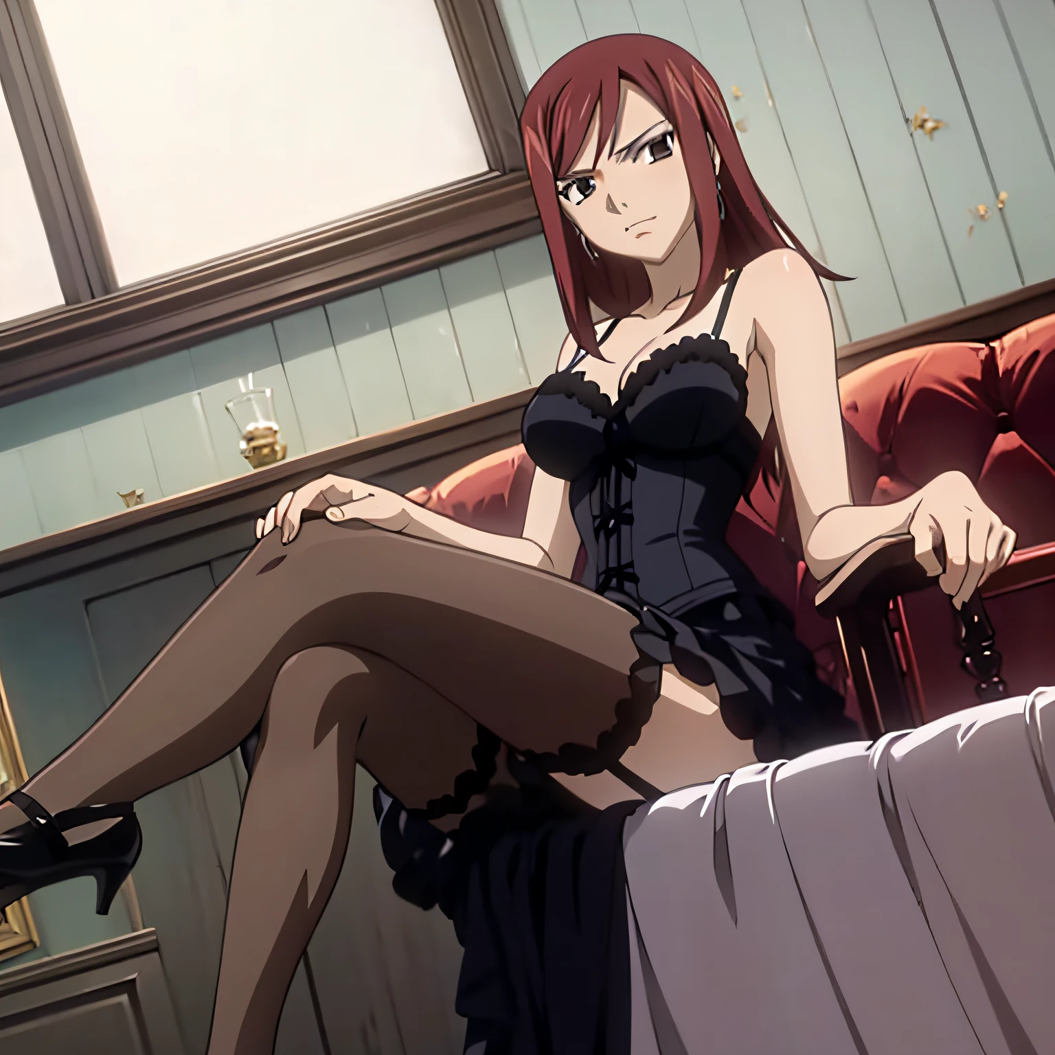 masterpiece, absurdities, erza\(fairy tail\), 1girl,female mature, solo, black corset, lingerie, garter straps, looking at viewer, caustics, sitting, legs crossed, bed, window