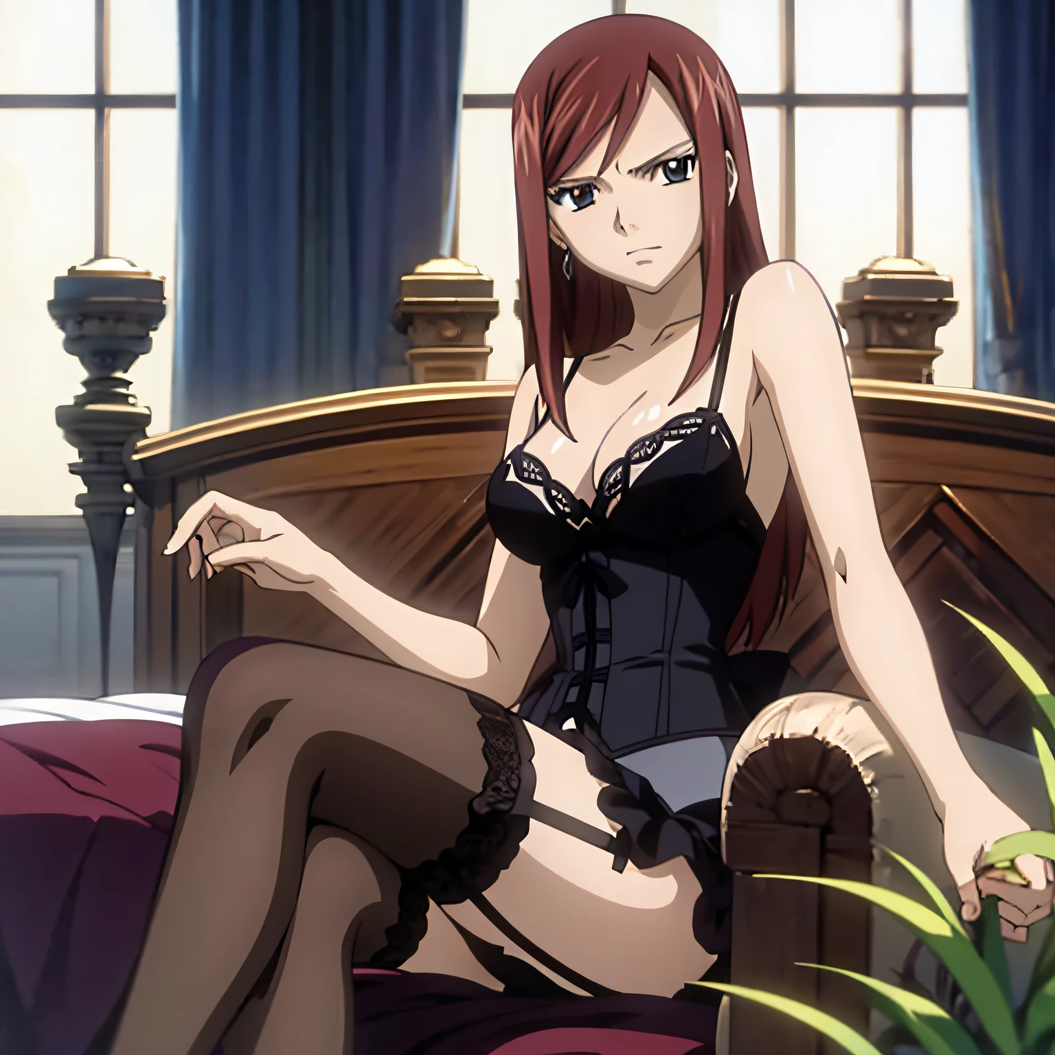masterpiece, absurdities, erza\(fairy tail\), 1girl,female mature, solo, black corset, lingerie, garter straps, looking at viewer, caustics, sitting, legs crossed, bed, window