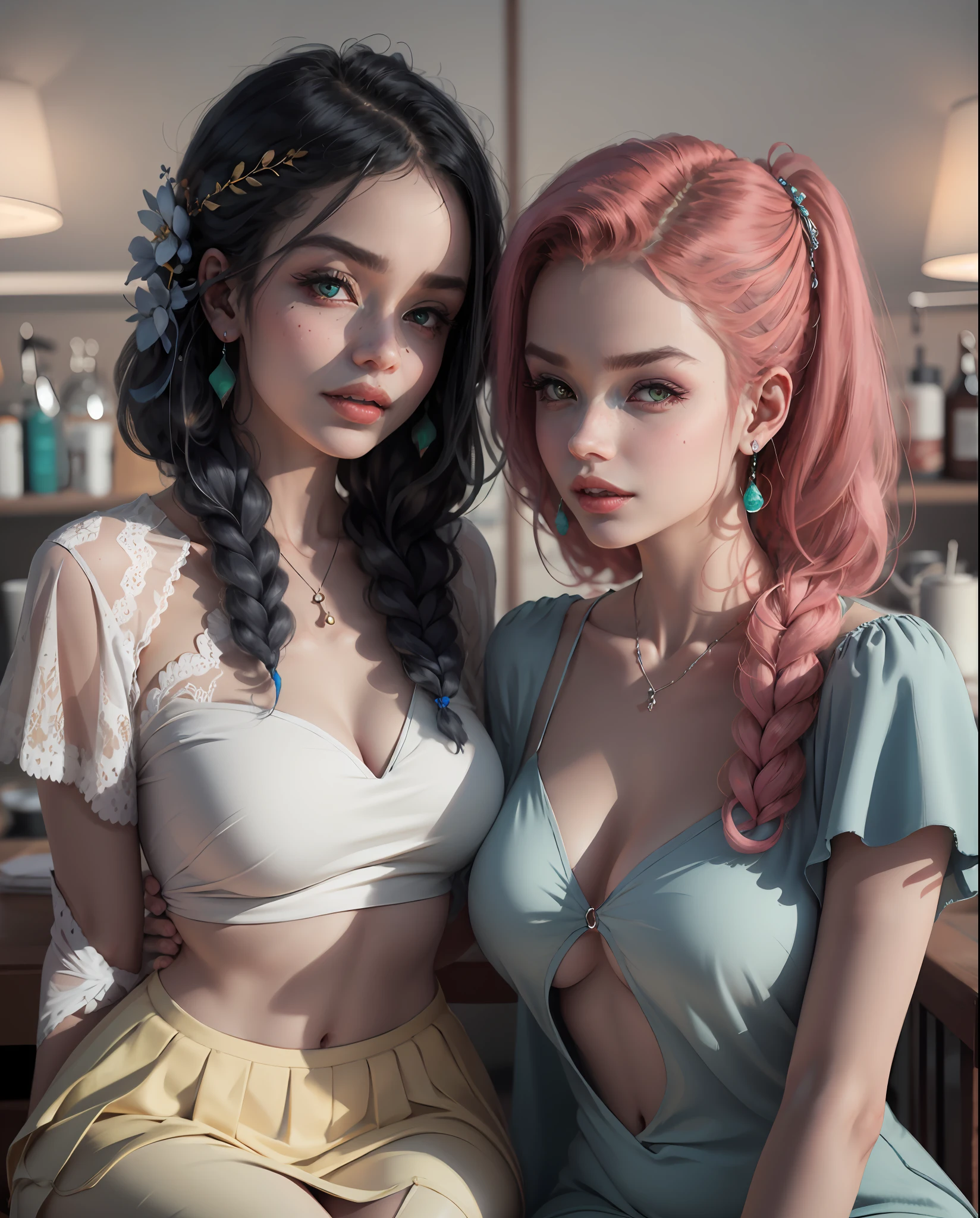 Duas mulheres de costas uma para a outra, uma garota tem cabelos curtos e vermelha. E outra tem garota de cabelo azul