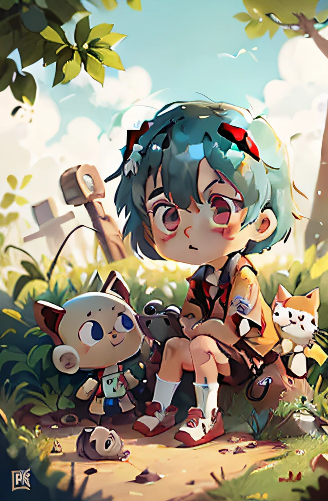 rei ayanami \(Evangelion\), Evangelion \(Hideaki\),Cute, chibi, blue eyes,sits on the robot's arm