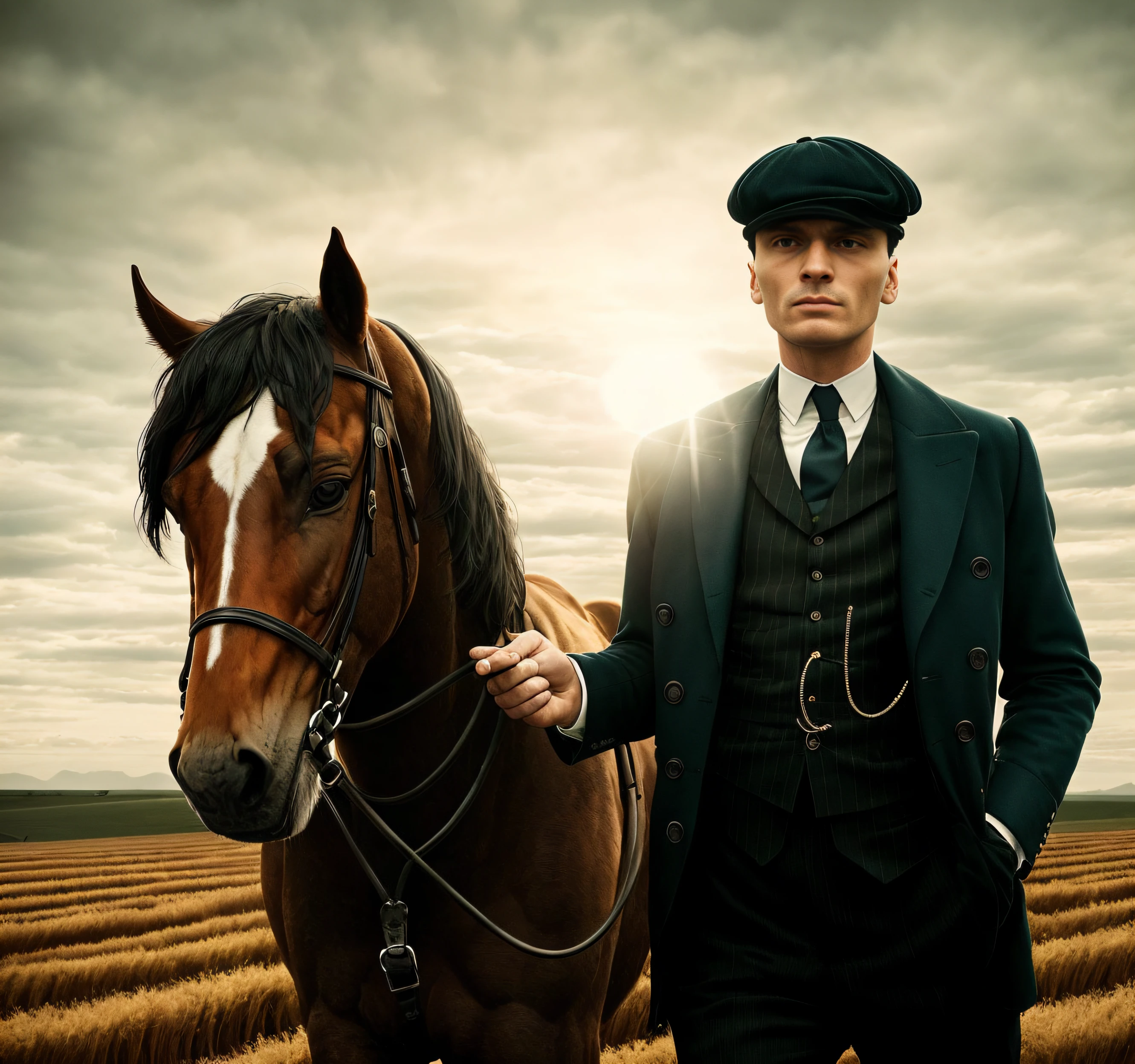There's a man next to a perfect horse in a deserted field set in 1919, com a vibe de Peaky Blinders, Thomas Shelby, A cinematic approach, alta qualidade, Vintage lighting, esfumaçado, dinamic angle, enquadramento claro da cenografia, Distinctive facial expressions and realistic details".