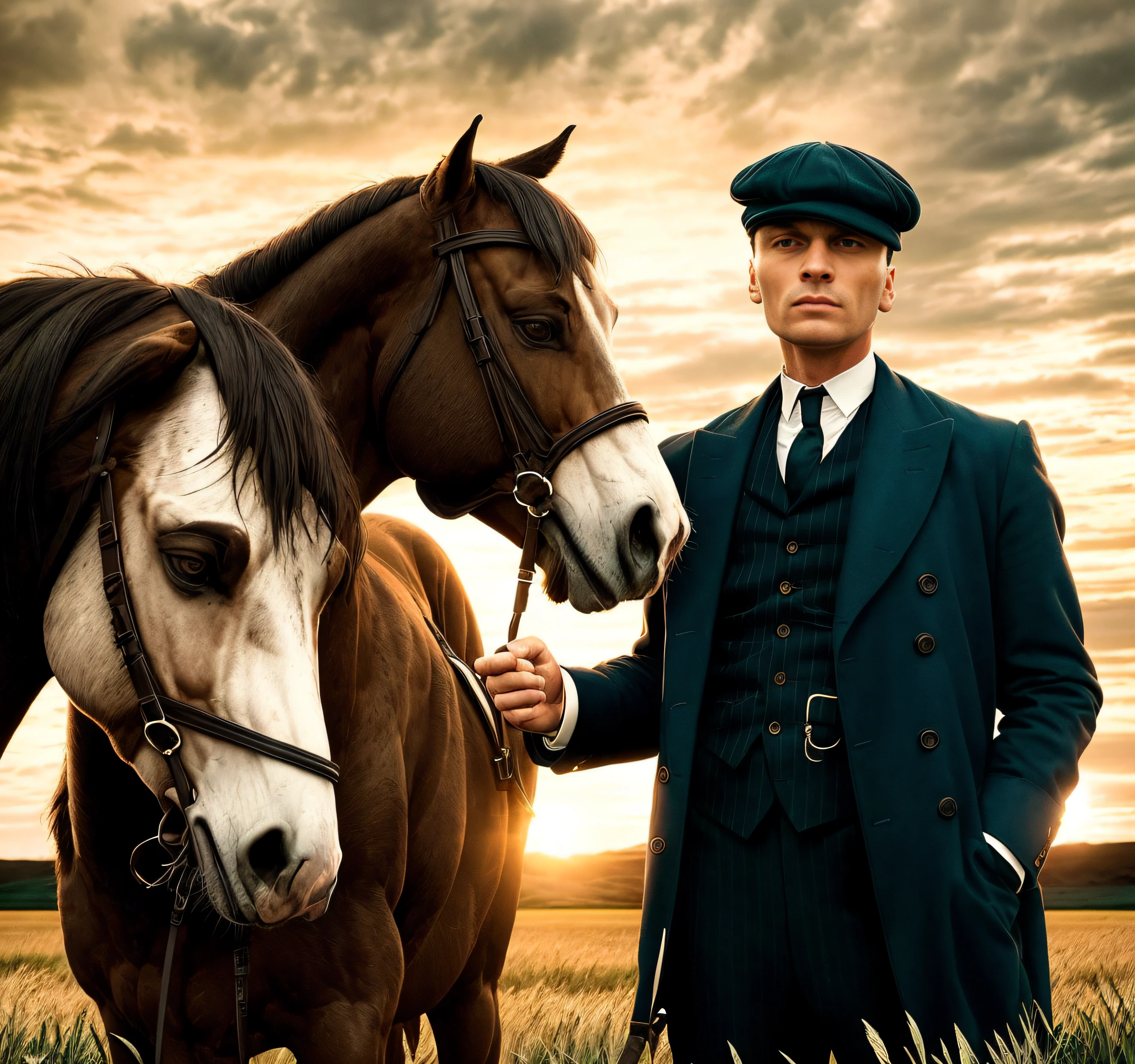 There's a man next to a perfect horse in a deserted field set in 1919, com a vibe de Peaky Blinders, Thomas Shelby, A cinematic approach, alta qualidade, Vintage lighting, esfumaçado, dinamic angle, enquadramento claro da cenografia, Distinctive facial expressions and realistic details".