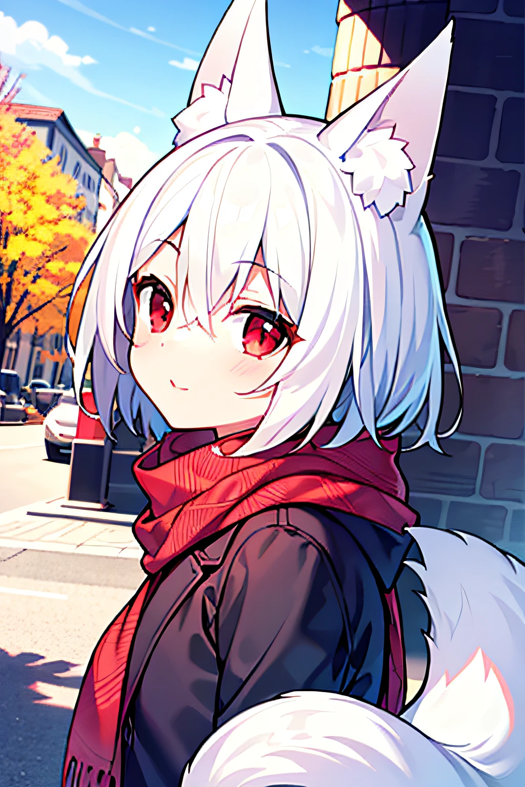 masterpiece, best quality, 4k, 1girl, white hair, short hair, fox ears, red eyes, looking at viewer, beautiful, scarf, jacket, outdoors,