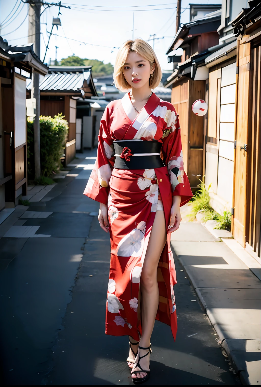 araffe woman in a kimono walking down a narrow alley, in a kimono, Red kimono, red kimono with flower patterns, Wearing kimono, japanese kimono, Kimono, Wearing a kimono, in a kimono, A Japanese style, Classic kimono, wearing royal kimono, hakama kimono, bathrobe, classy yukata clothing, japanic style, Japanese style