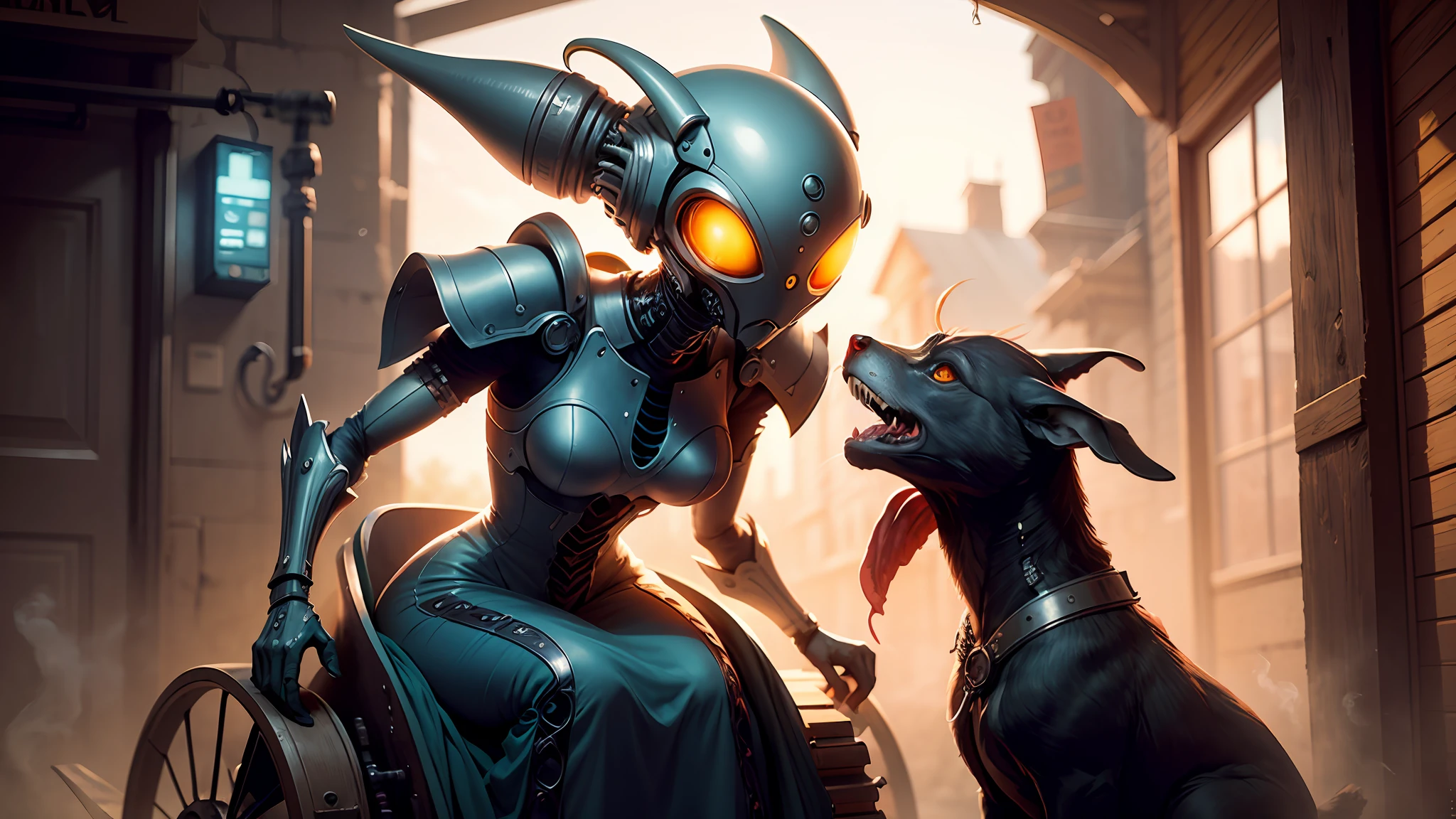 cute mechanical-alien woman on a chariot in a western village, dans un char, Looks old school, dress is magnificent ectoplasm infused, photorealism, photoshoot made with canon 5d mark iii, unreal engine details, Science-fiction occidentale --auto