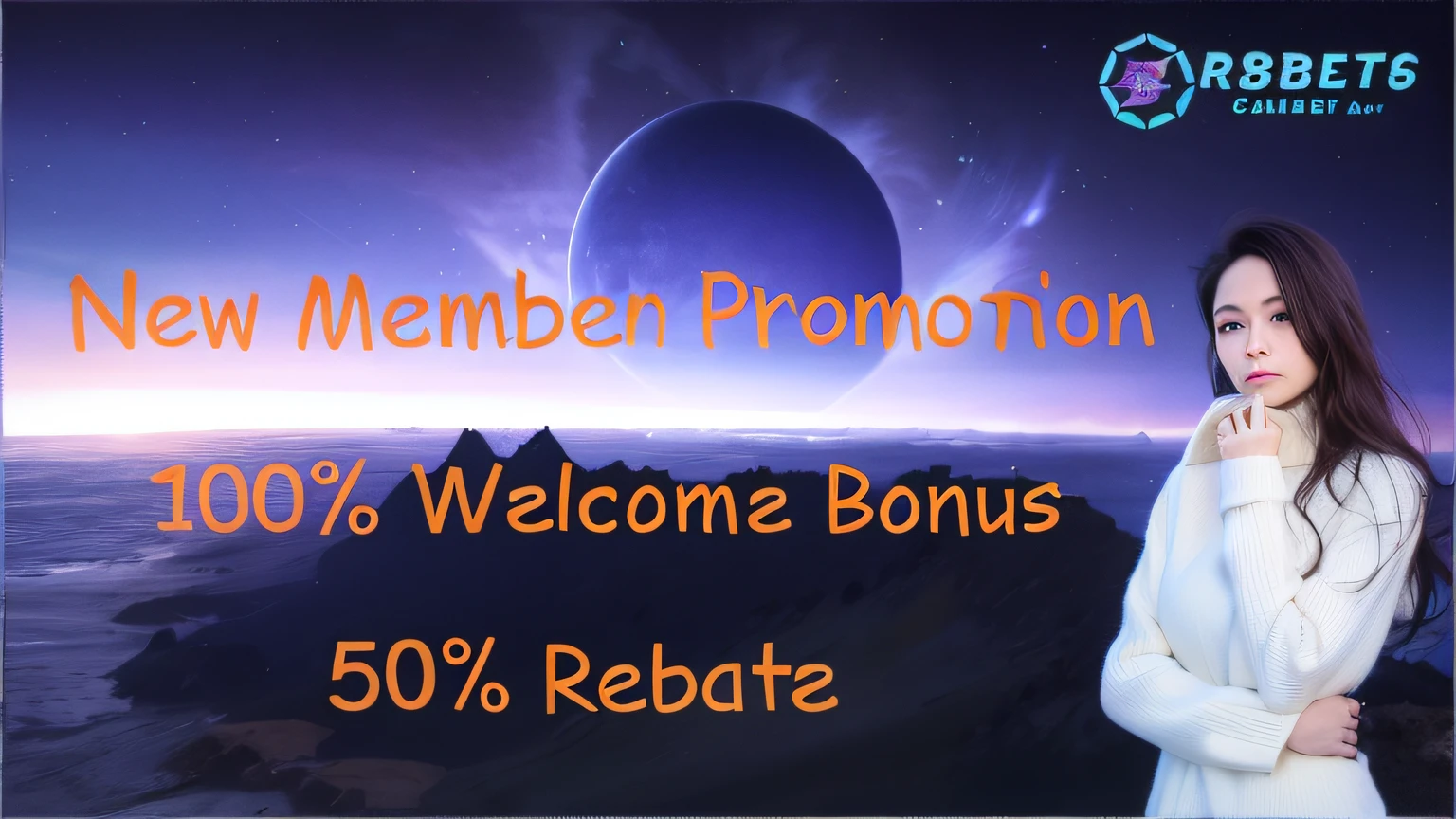 a woman standing in front of a banner with a sky background, New Member Promotion 100% Welcome Bonus 50% Rebate --auto